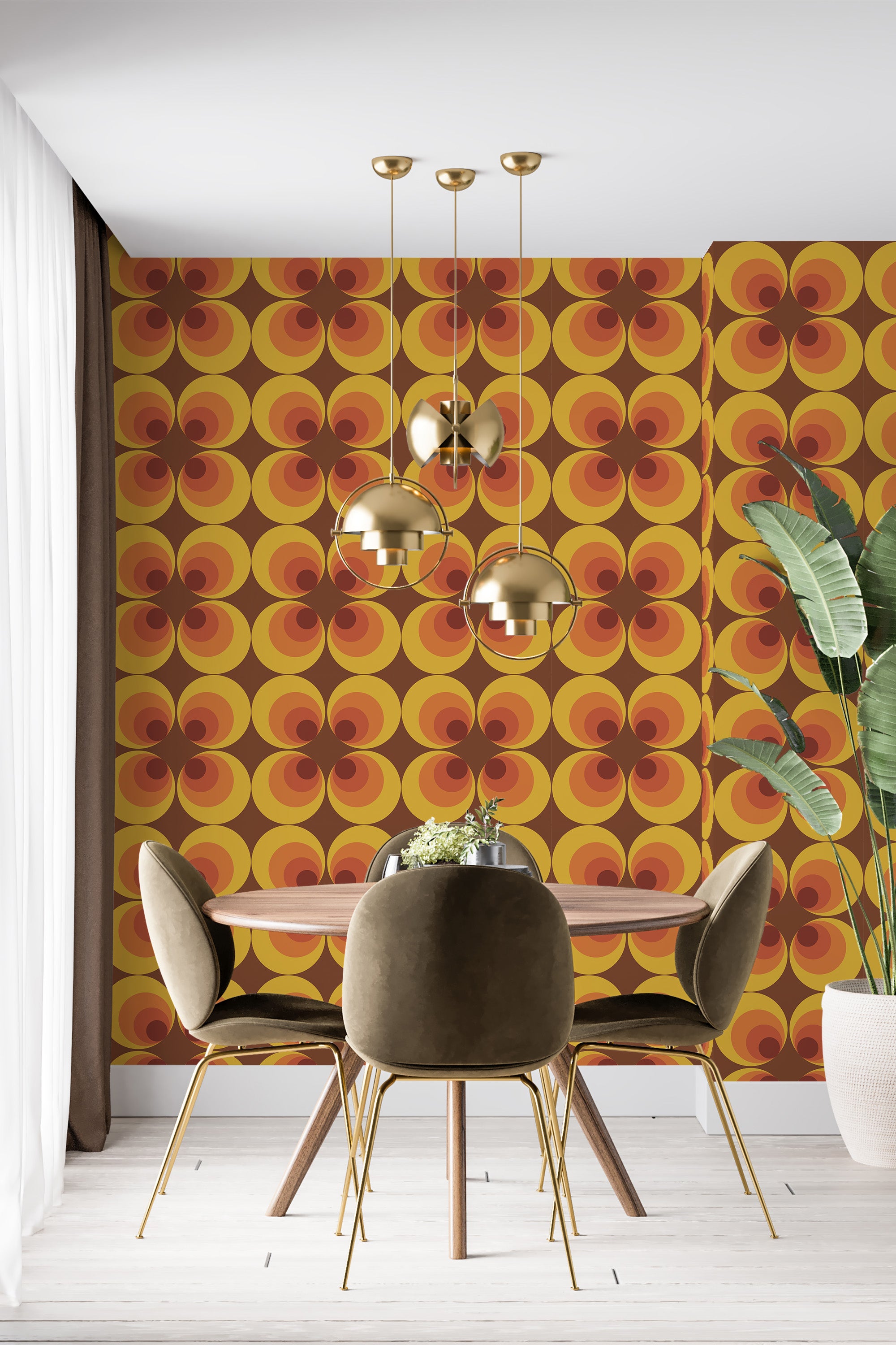 Retro geometric wallpaper with repeating circular and petal patterns in orange, red, and yellow tones, creating a vibrant and nostalgic ambiance. Traditional wallpaper.