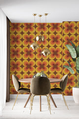 modern dining area velour chair plant geometric retro accent wall