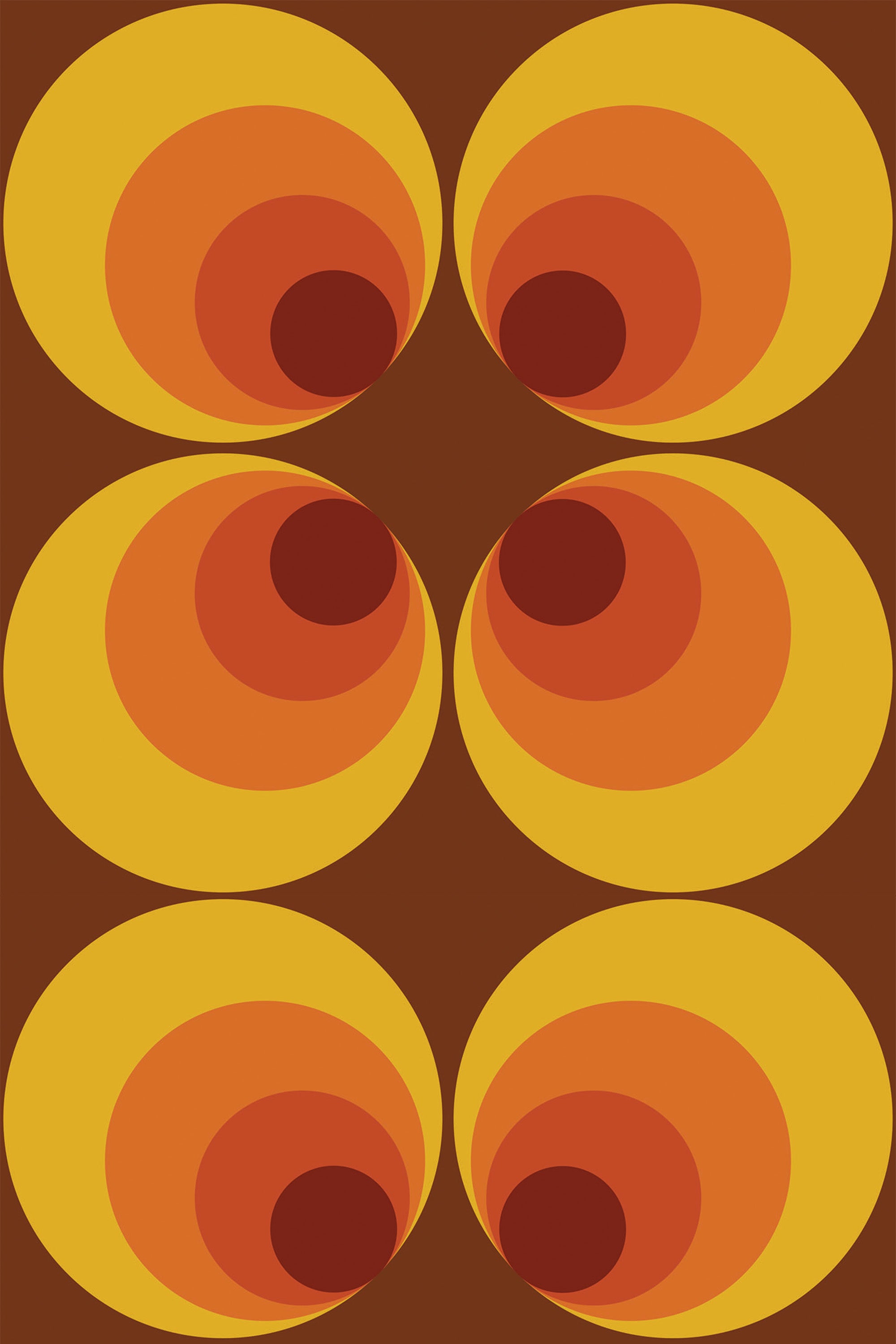 Bright, bold circles with concentric shapes in orange, yellow, and brown tones on a dark background in a repeating geometric pattern. Peel and stick removable wallpaper.