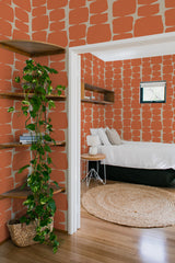 bedroom cozy interior green plants round carpet retro shapes peel & stick wallpaper