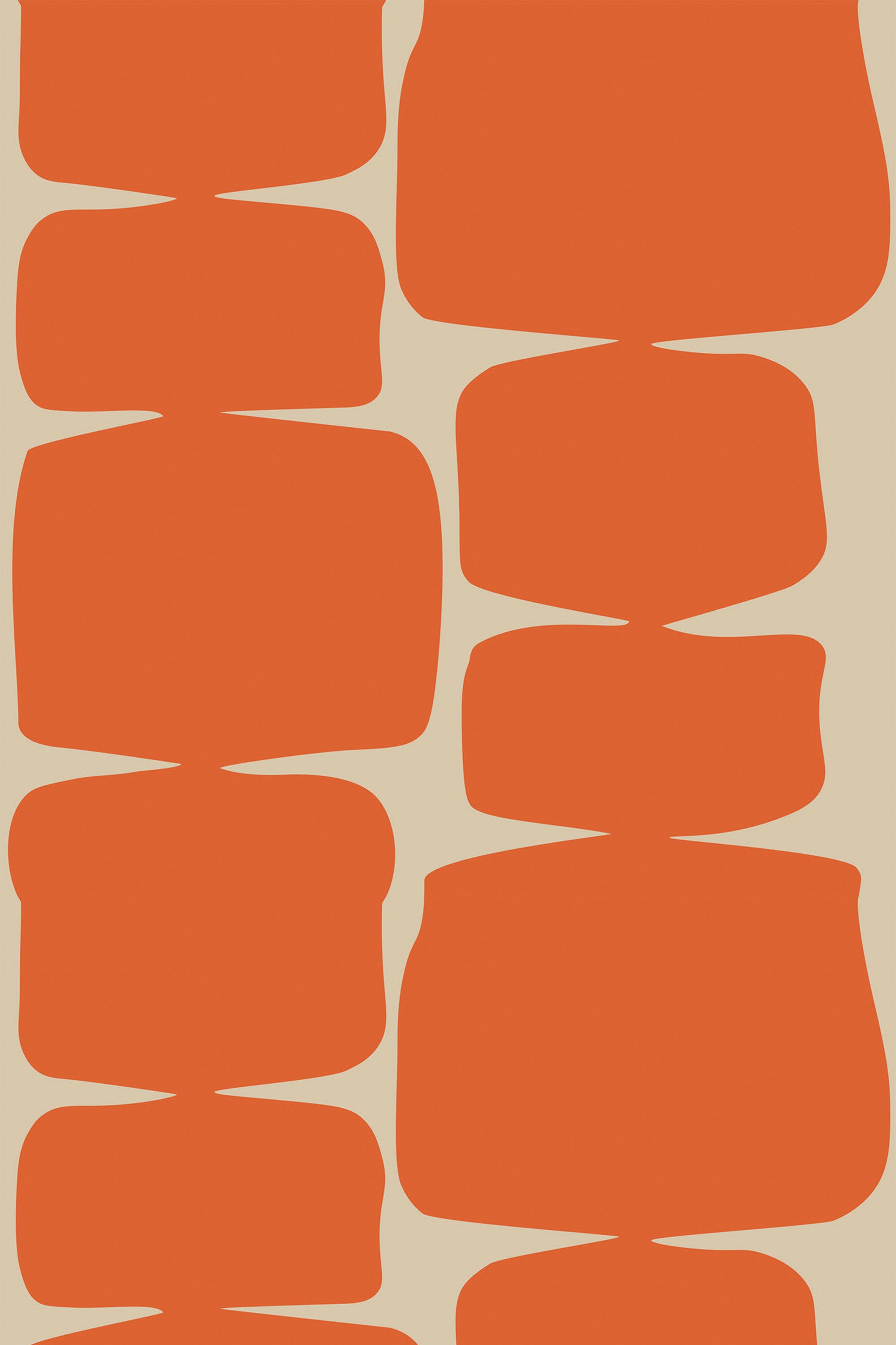 Orange, irregularly-shaped geometric patterns with rounded edges repeat vertically against a beige background. Peel and stick removable wallpaper.