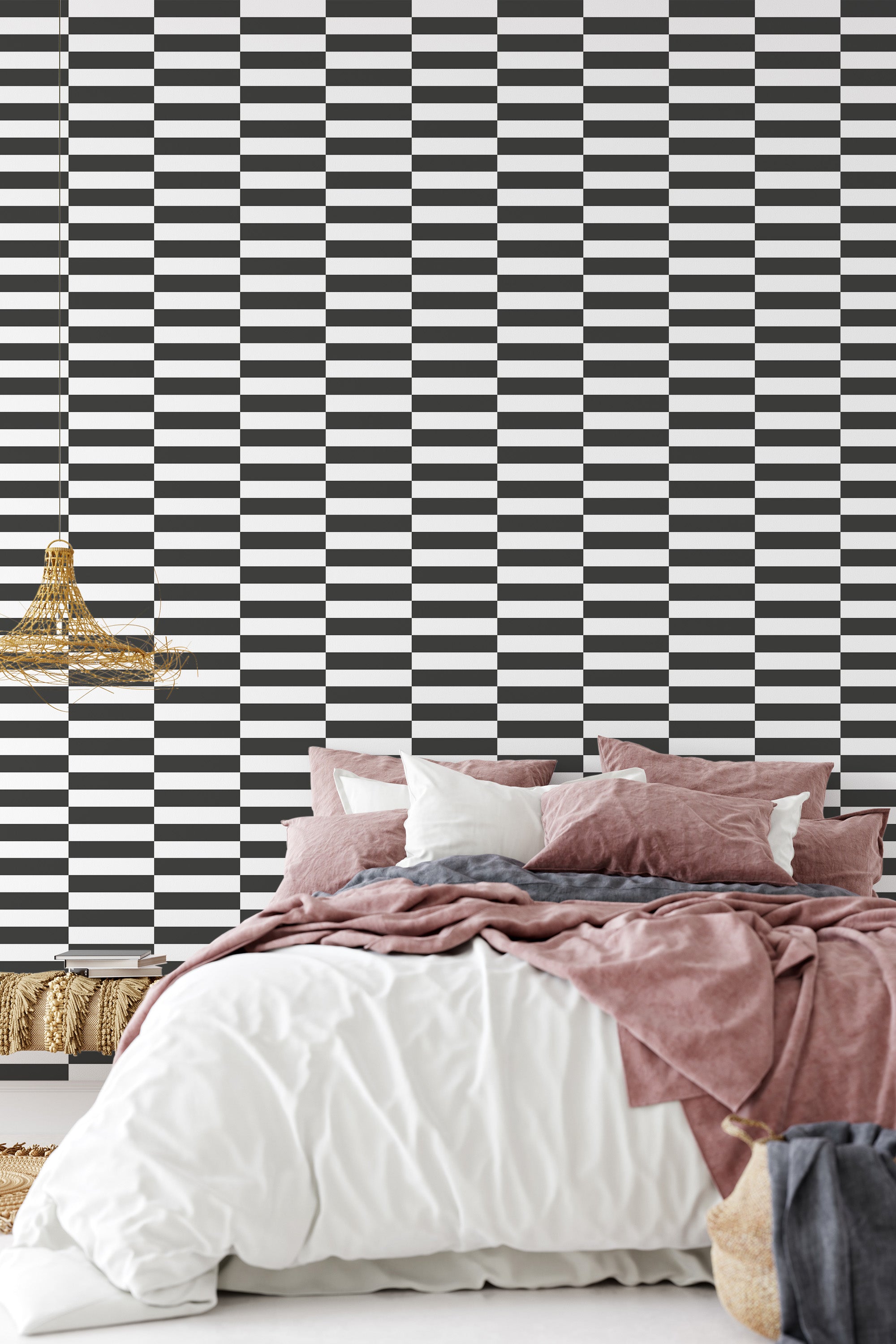 Black and white checkerboard pattern with evenly spaced squares on the wall behind a bed. The pattern alternates between dark and light, creating a bold geometric look. Traditional wallpaper.