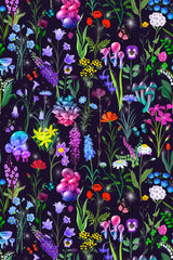 A vibrant and whimsical design of various colorful mushrooms, flowers, and butterflies set against a dark background. The bright and detailed fungi and flora create a magical, nature-inspired pattern. Perfect for nature lovers' room decor, peel and stick removable wallpaper.