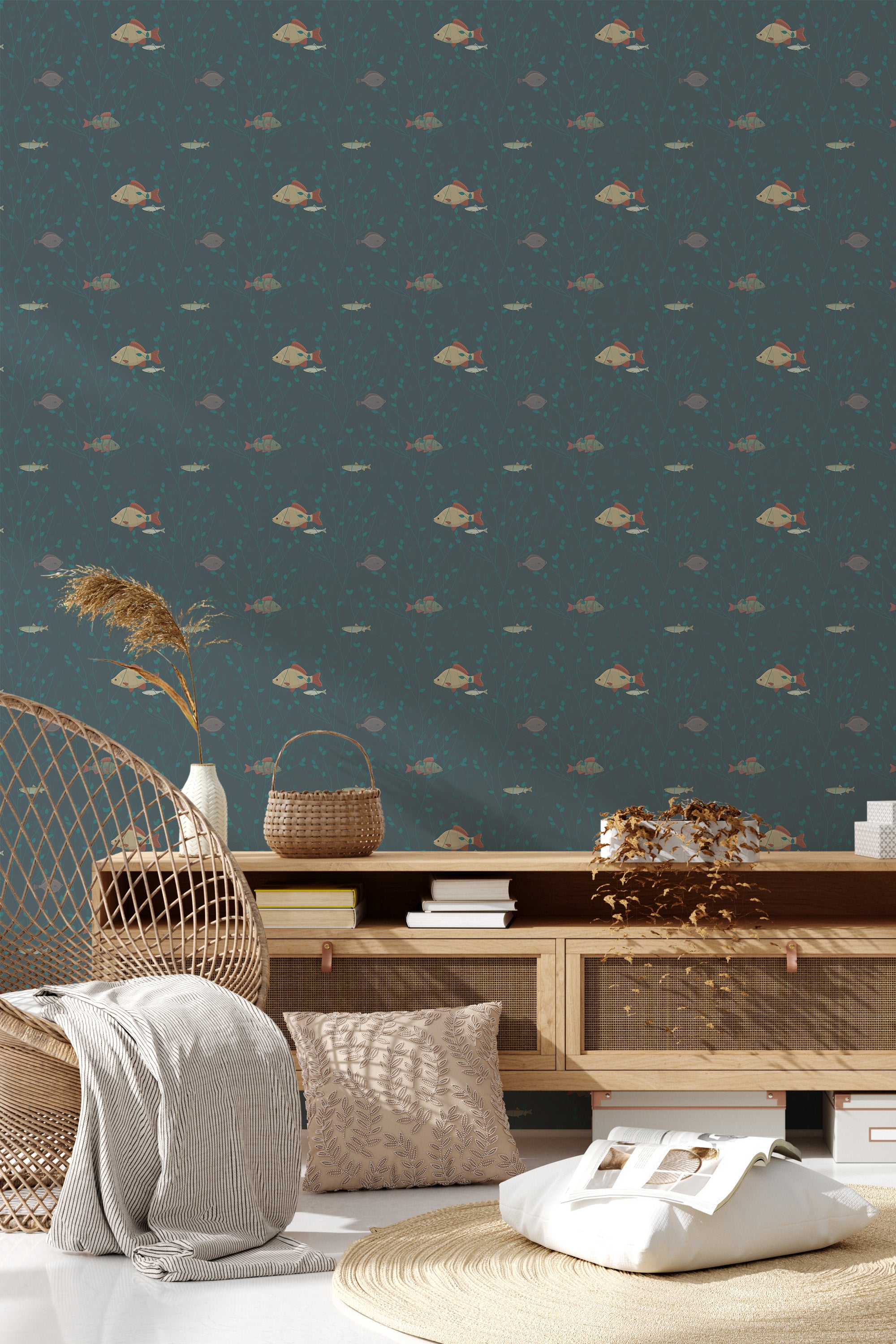 Dark teal wallpaper with a whimsical fish pattern, small aquatic illustrations, and subtle foliage accents, creating a charming underwater scene. Traditional wallpaper.
