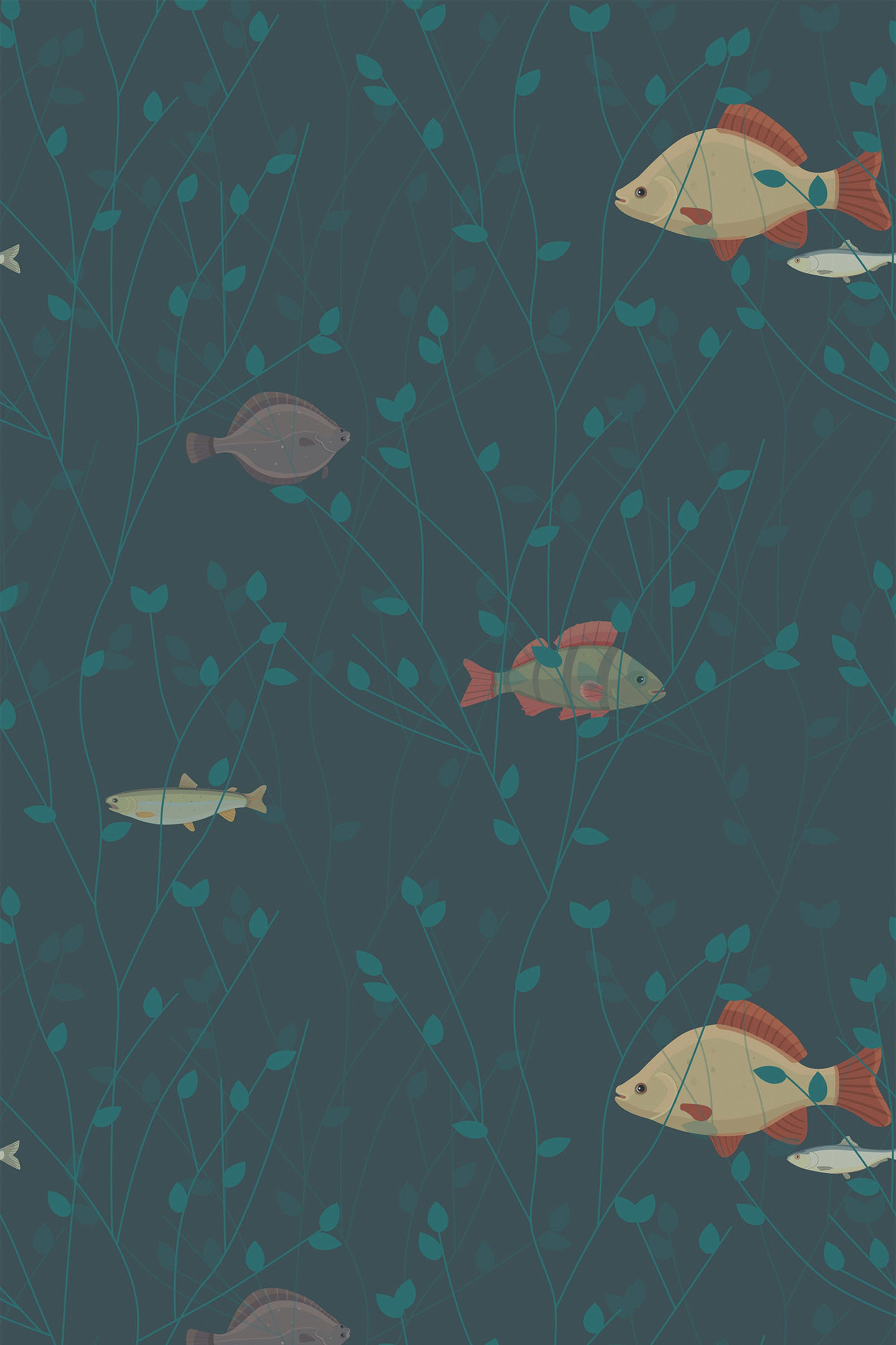 Seamless wallpaper pattern of whimsical fish in various colors swimming among delicate, leafy vines on a dark teal background. Peel and stick removable wallpaper.