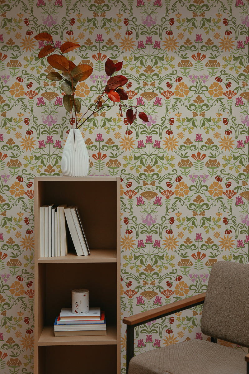 self-adhesive wallpaper art nouveau floral pattern bookshelf armchair decorative plant interior