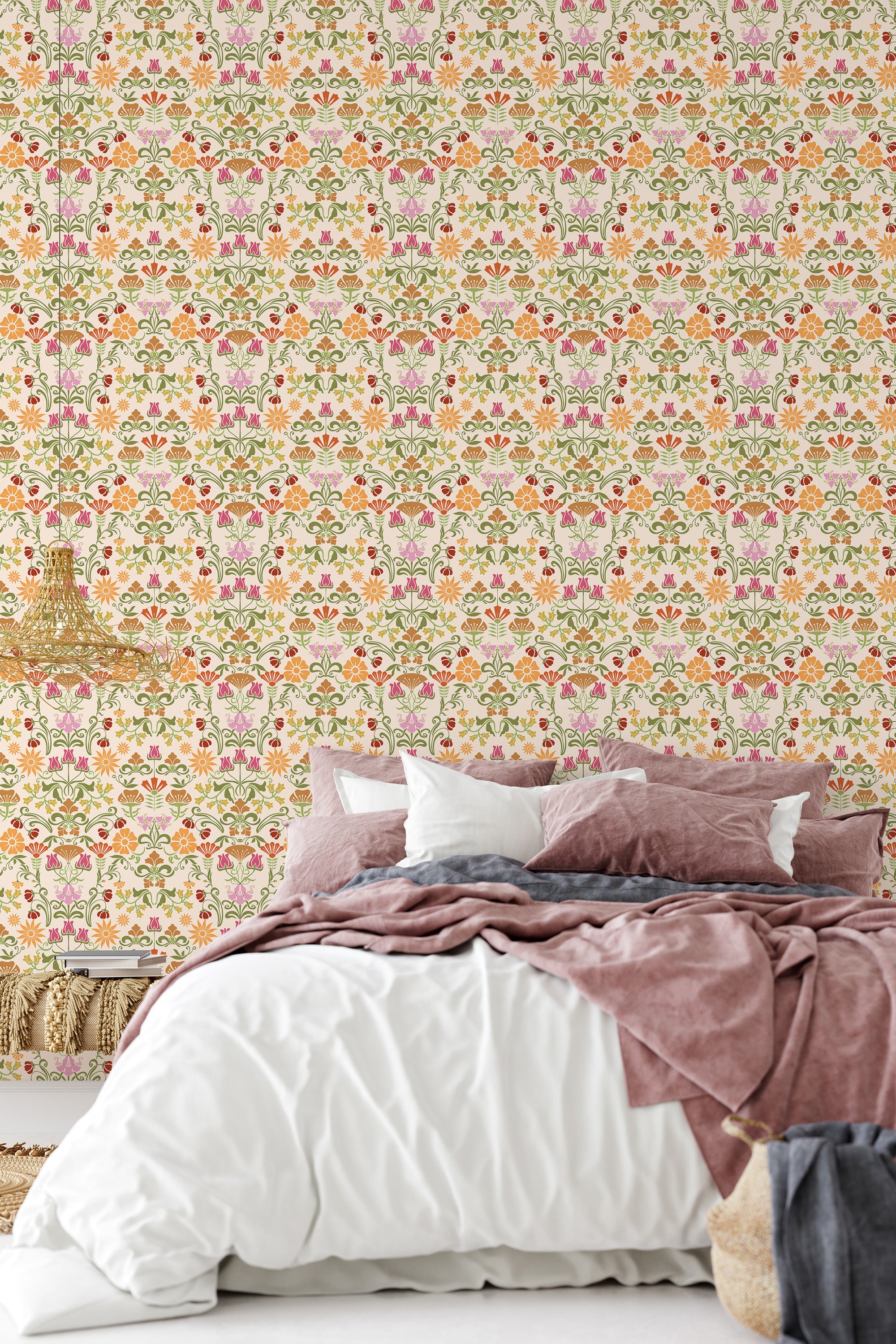 Art nouveau floral wallpaper with intricate, symmetrical patterns of blooming flowers, curling vines, and delicate leaves in soft hues of pink, green, and beige tones on a vintage cream background. Traditional wallpaper.