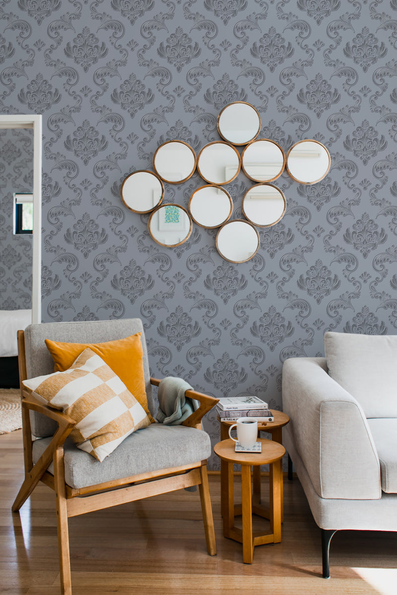 living room cozy sofa armchair pillows decor damask victorian peel stick wallpaper