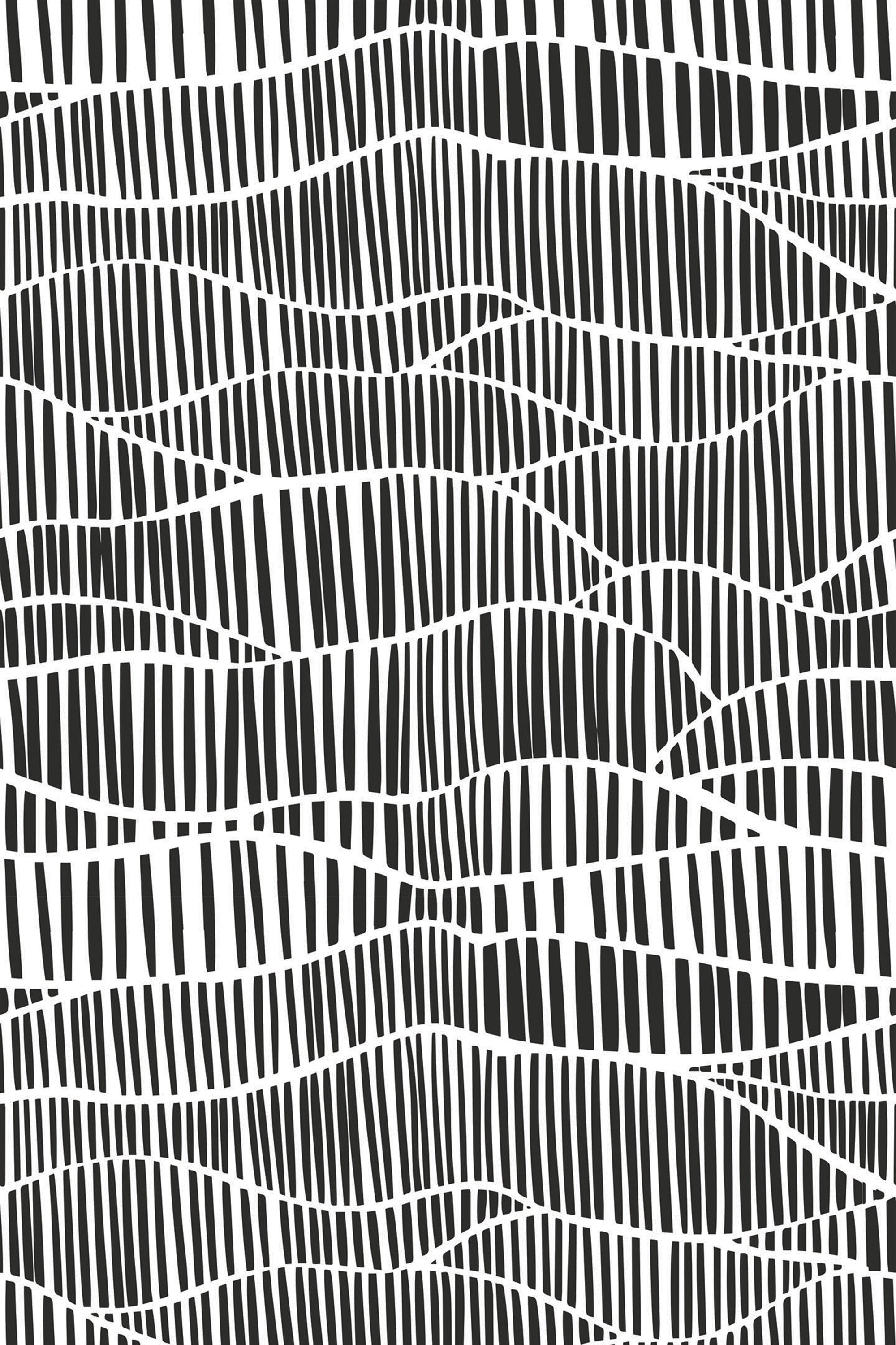 Abstract black irregular lines create a wavy and grid-like pattern on a white background, forming a modern and dynamic mesh design, peel and stick removable wallpaper.