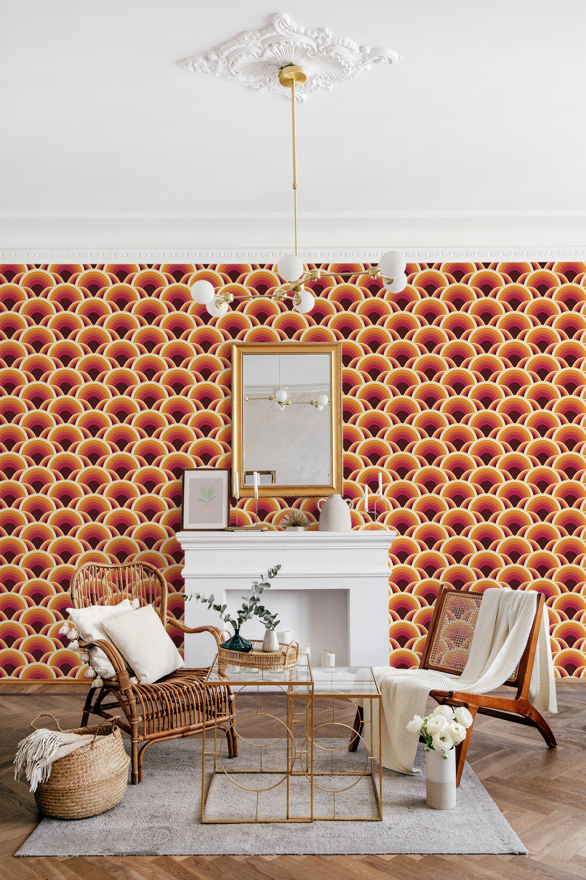 A room featuring 70s retro-style wallpaper with a repeating pattern of vibrant orange, yellow, and red scallop shapes that create a bold and dynamic visual effect, complementing the overall vintage aesthetic of the space. Traditional wallpaper.