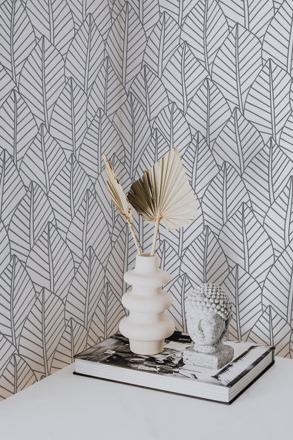 wallpaper for walls overlapping leaf pattern modern sophisticated vase statue home decor
