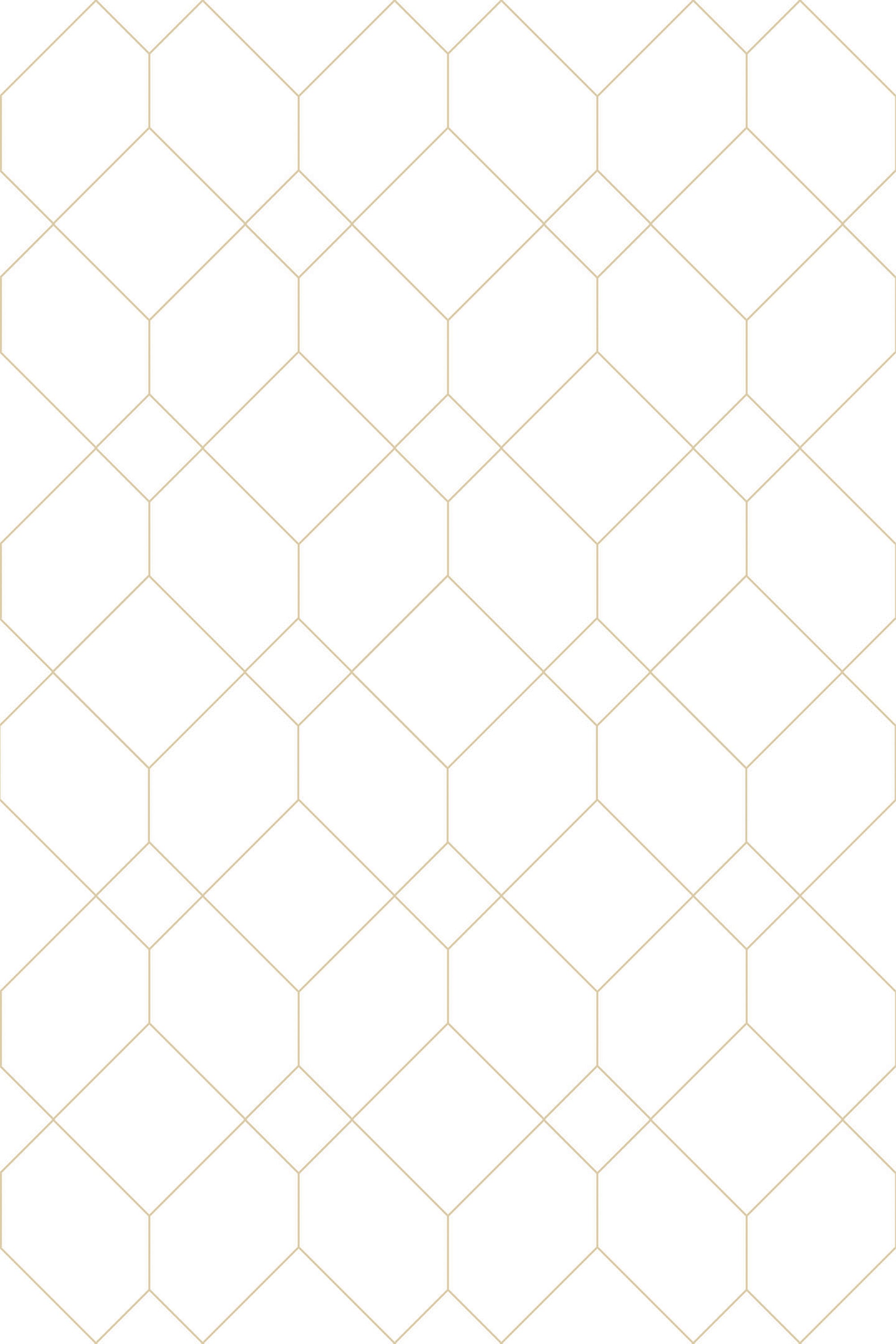 A minimalist geometric pattern with interlocking rhombus shapes in light gold on a white background. Peel and stick removable wallpaper.