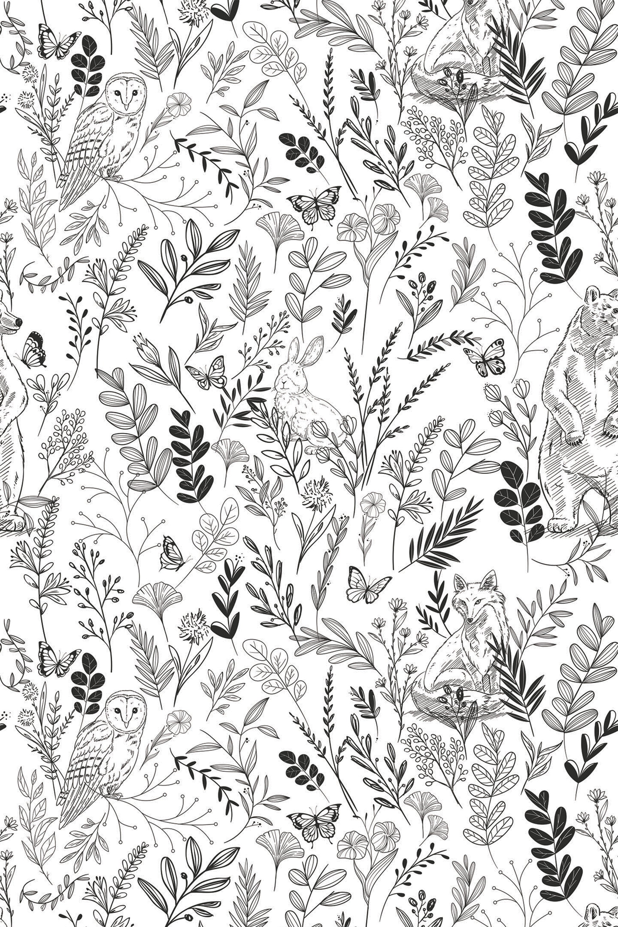 Line art forest wallpaper with a repeating pattern of woodland animals, including owls, bears, bunnies, and foxes, surrounded by intricately drawn leaves, flowers, and butterflies in black and white. Peel and stick removable wallpaper.