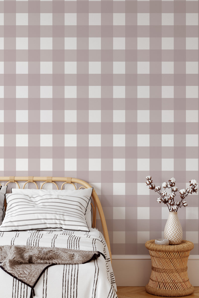 Self-adhesive thick plaid wallpaper with a symmetrical checkered pattern in soft neutral tones of beige and off-white, creating a cozy and warm atmosphere.