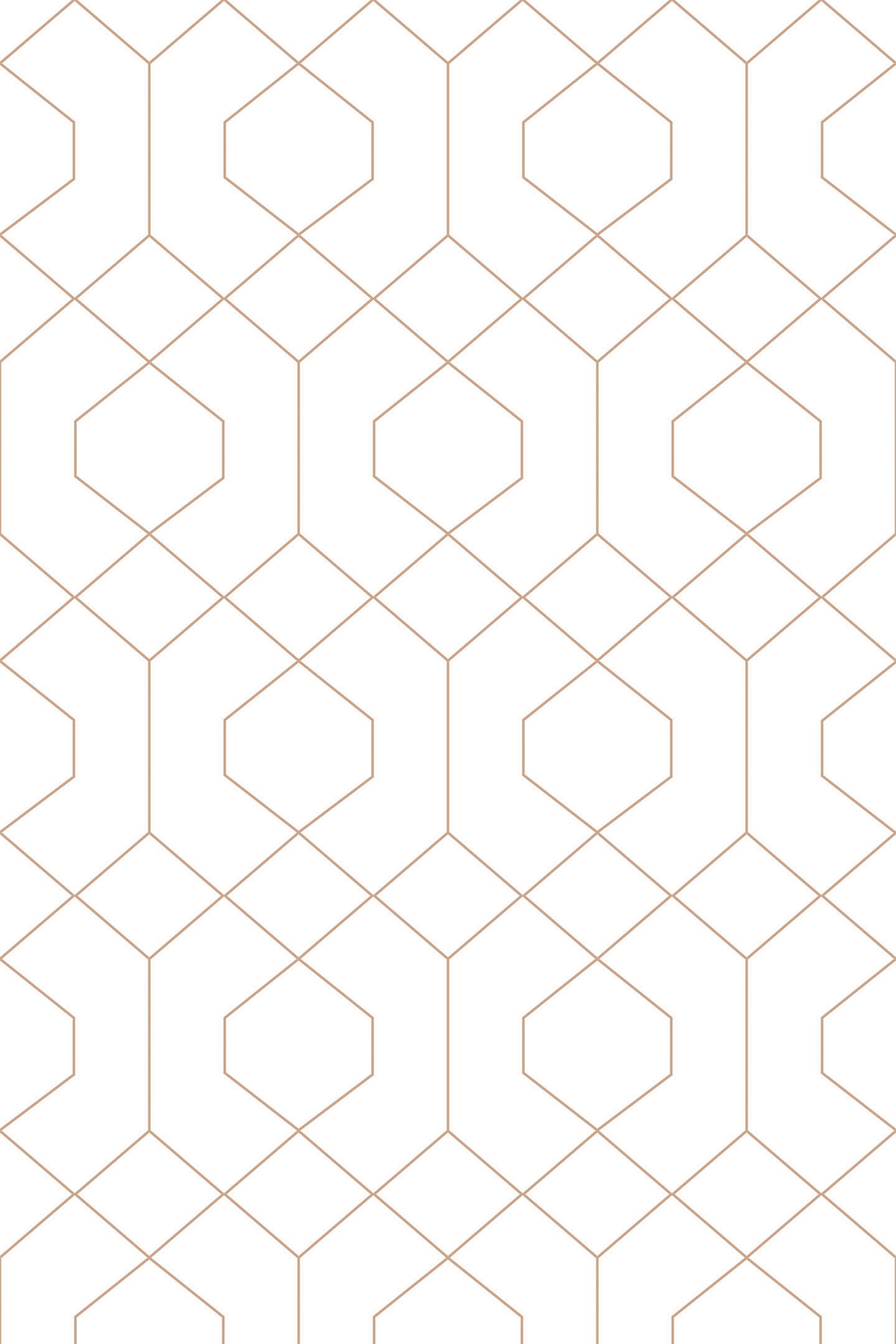Rhombus geometric pattern with interlocking hexagons and lines in a minimalist gold tone on a white background, peel and stick removable wallpaper.