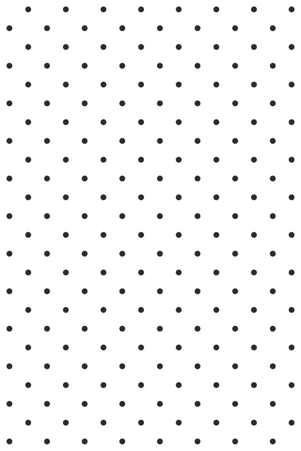 Dot grid pattern composed of evenly spaced black dots on a white background, peel and stick removable wallpaper.