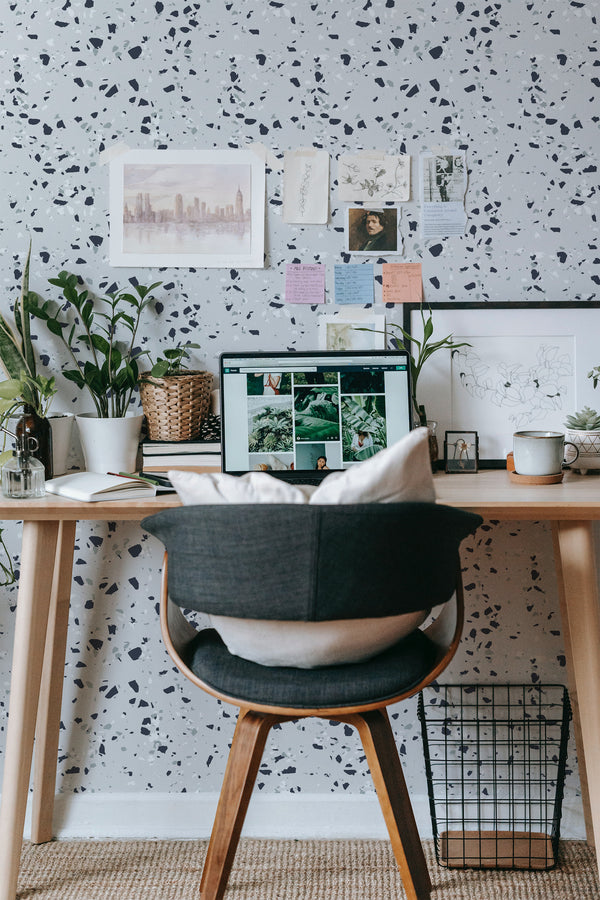 modern home office desk plants posters computer terrazzo pattern stick on wallpaper
