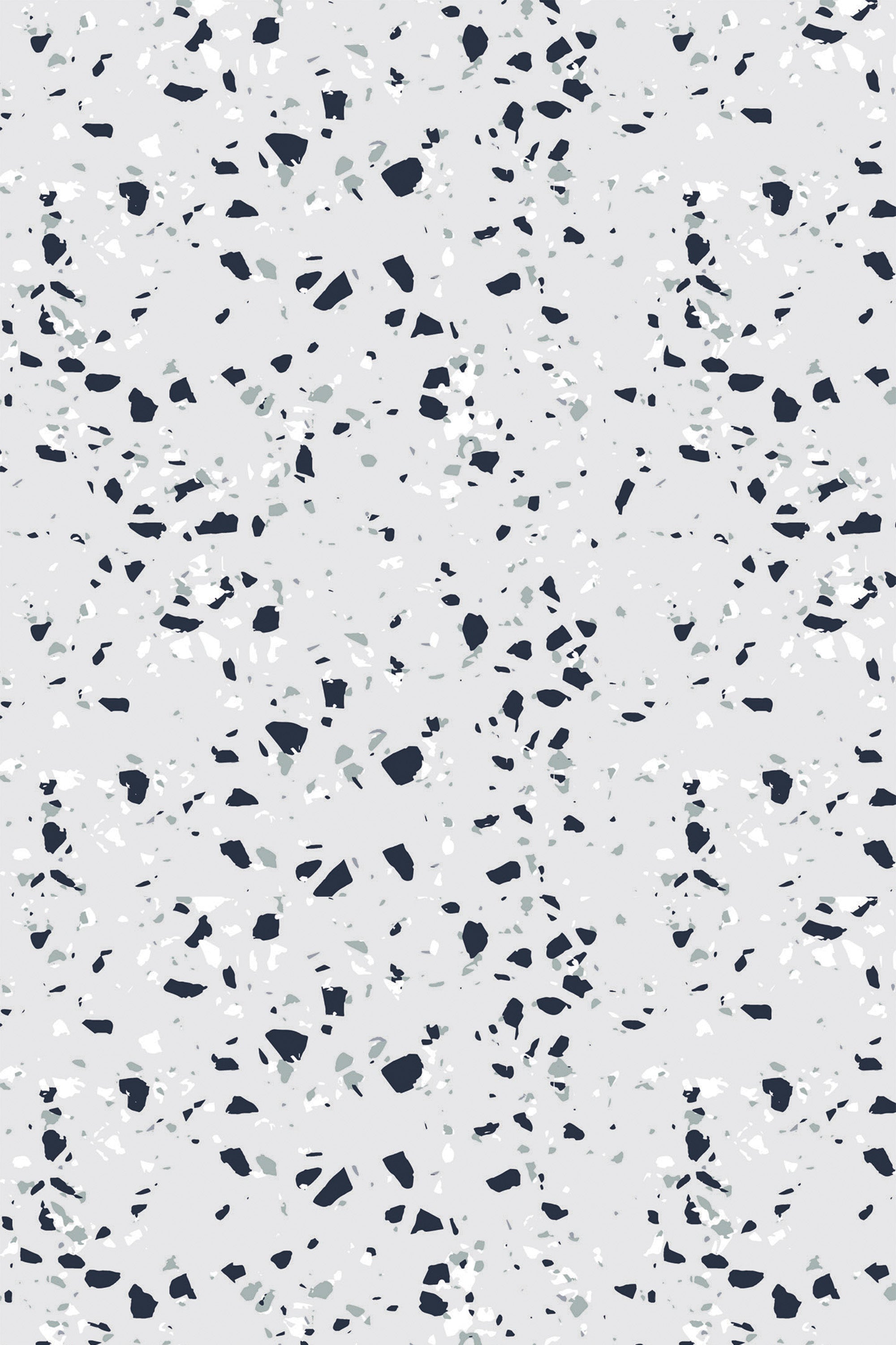 Terrazzo pattern with scattered black, white, light gray, and dark gray stone-like speckles on a light gray background, peel and stick removable wallpaper.