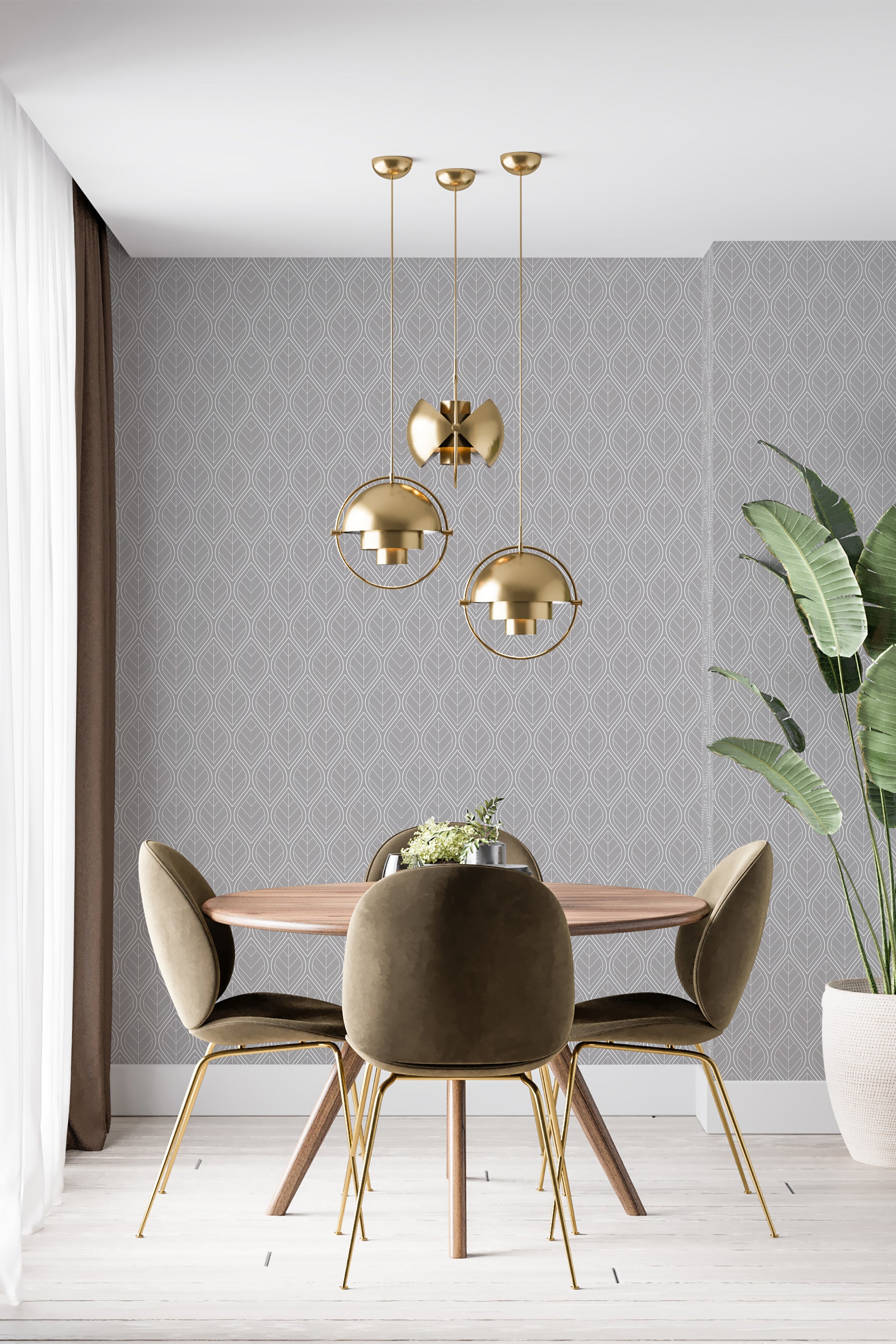 A room with gray Art Deco seamless leaf patterned wallpaper, displaying an intricate repetitive design with geometric and stylized leaf motifs, providing a subtle yet sophisticated backdrop. Traditional wallpaper.
