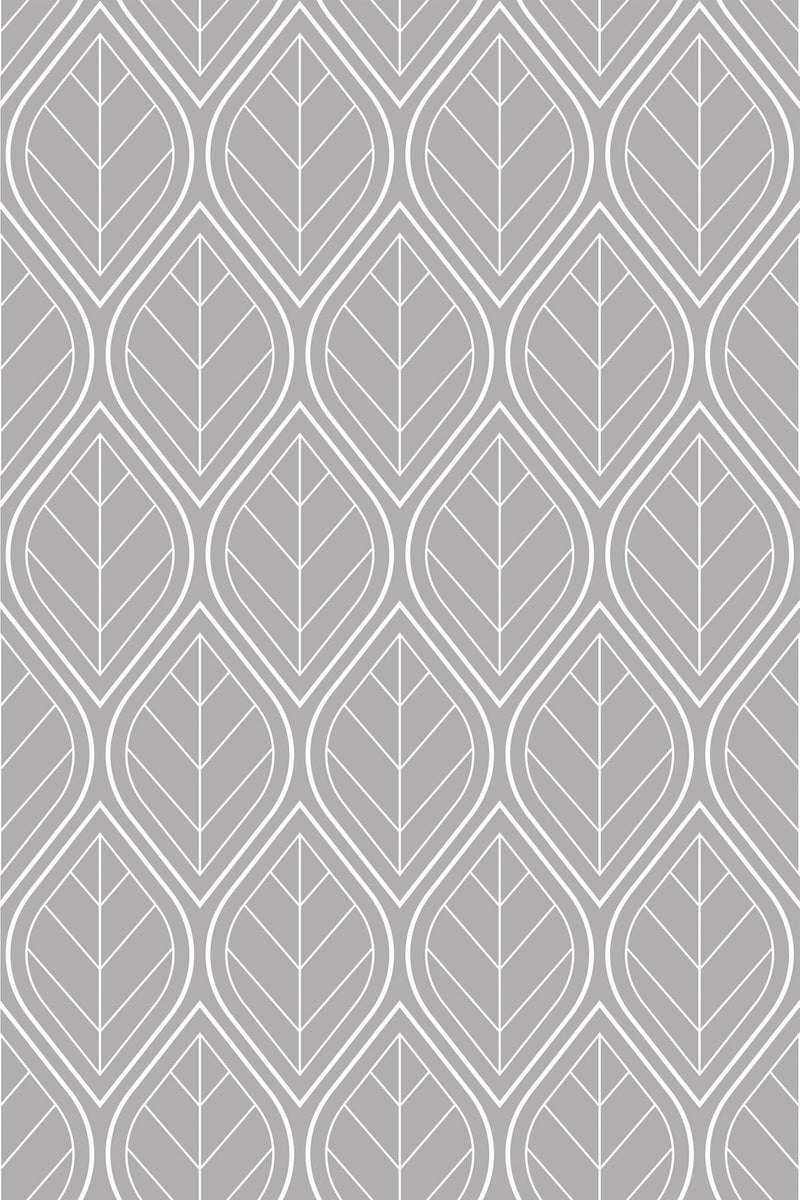 Geometric leaf pattern with symmetrical outlines in a gray and white color scheme, creating a repetitive Art Deco-inspired design. Peel and stick removable wallpaper.