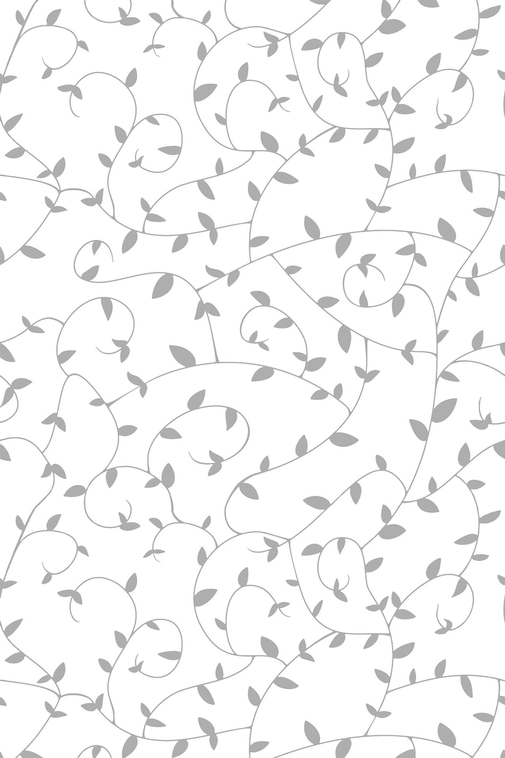 Grey branches with small leaves intertwine on a white background, creating a delicate, flowing pattern. Peel and stick removable wallpaper.