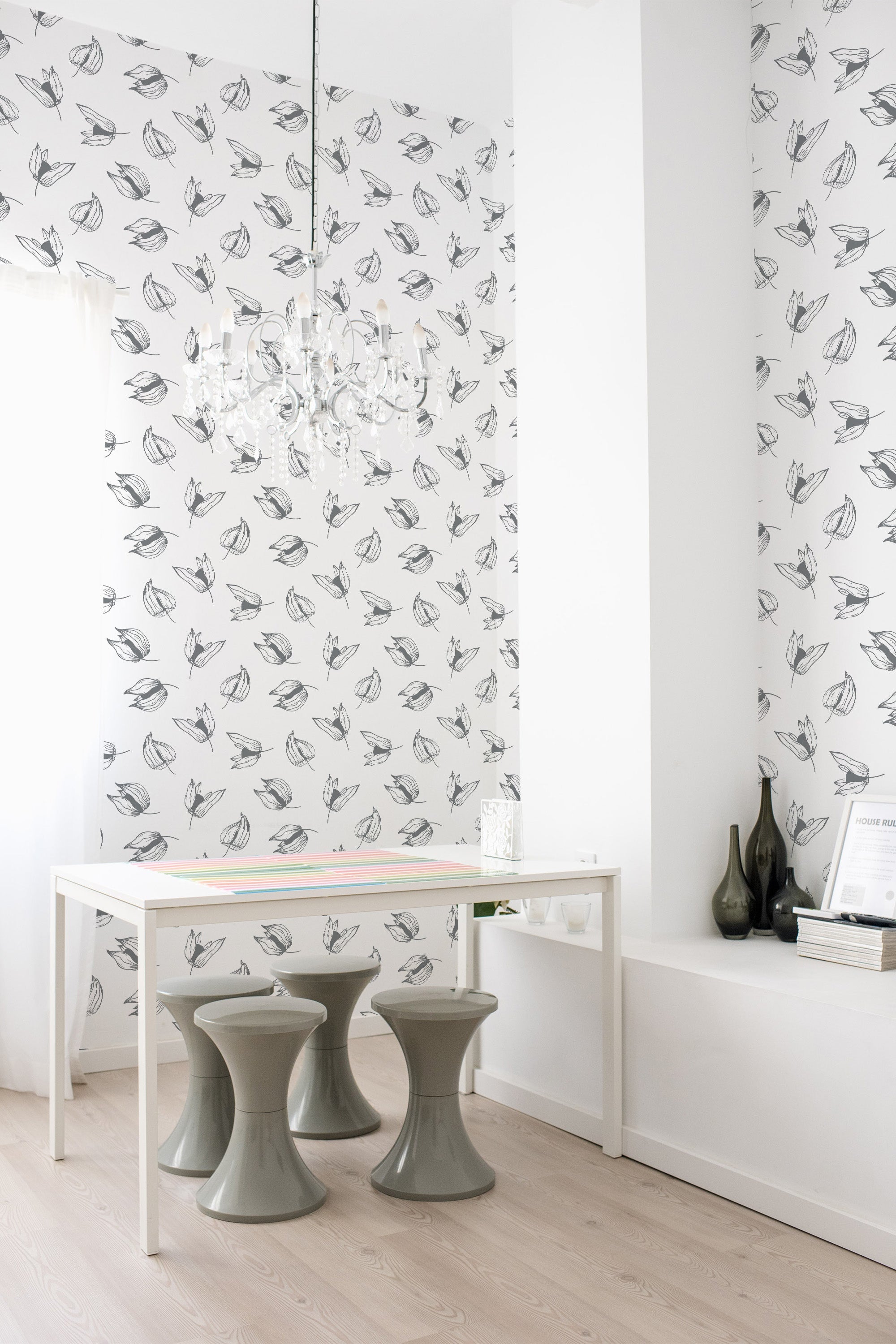 The wallpaper is designed with a delicate pattern of Physalis, thinly outlined in black against a white background. Traditional wallpaper.