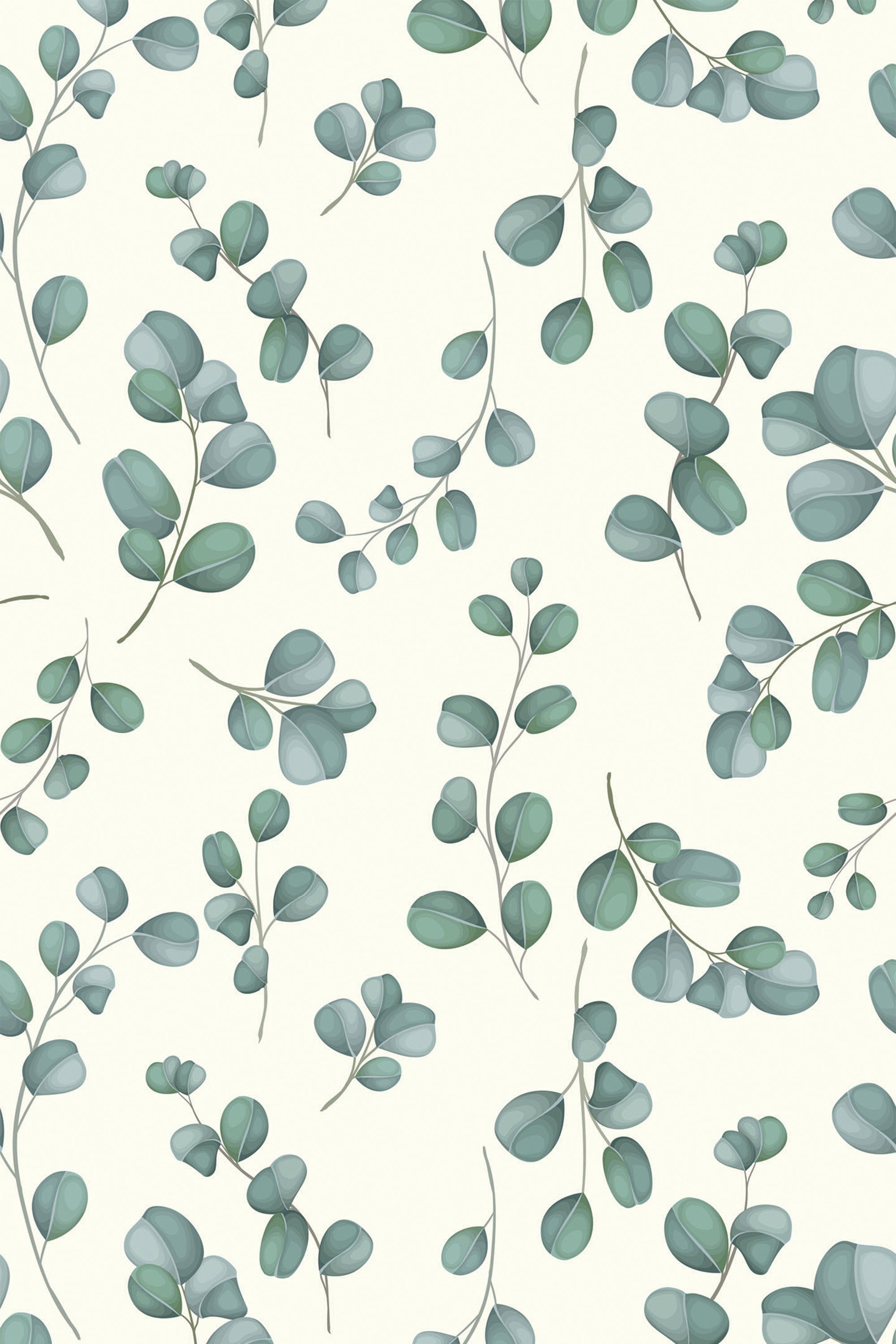 A seamless pattern of green eucalyptus branches with rounded leaves on a light cream background, peel and stick removable wallpaper.