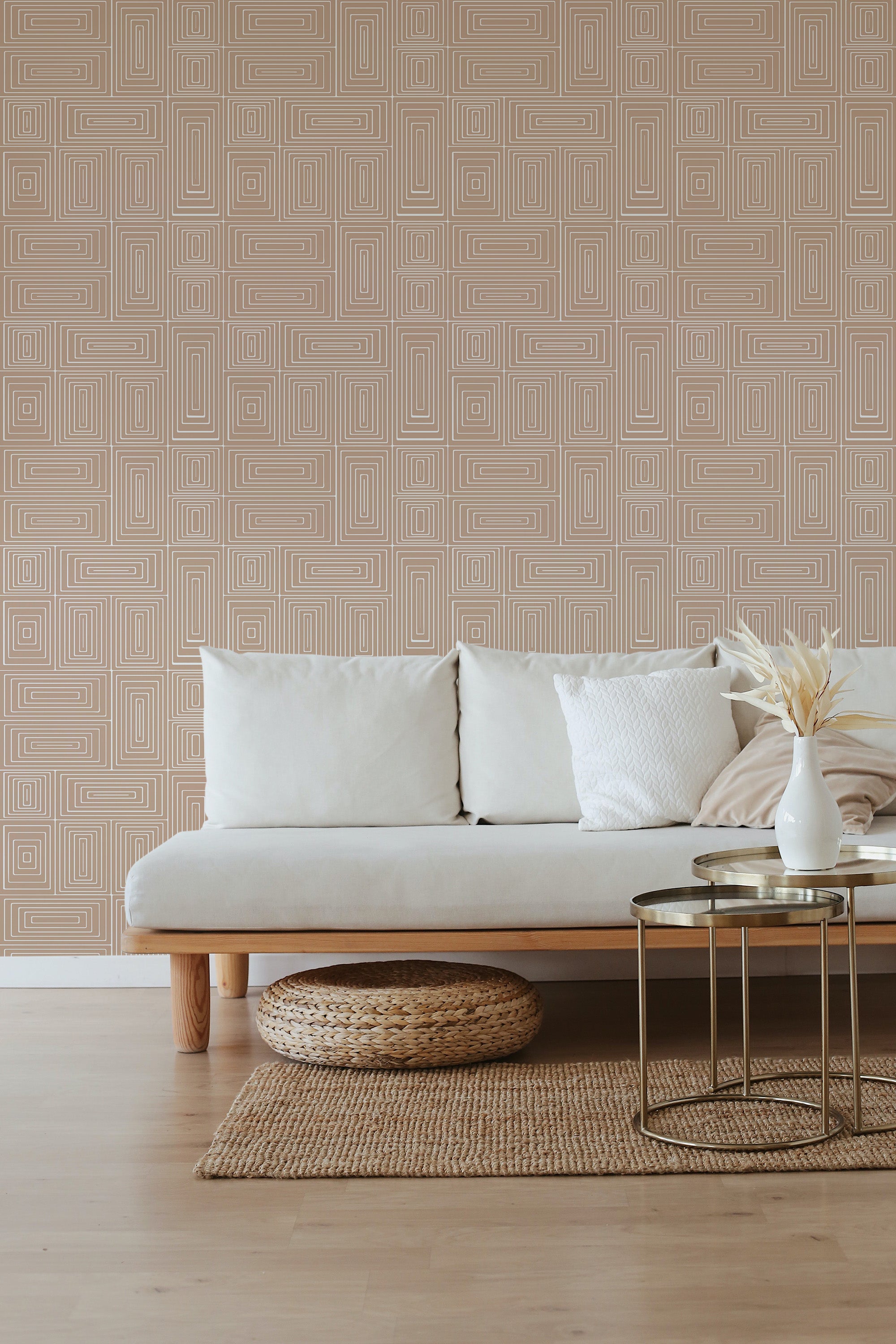 Beige wallpaper with a Structured Maze pattern of intricate, geometric lines creating interconnected rectangular shapes, enhancing a modern yet timeless ambiance. Traditional wallpaper.