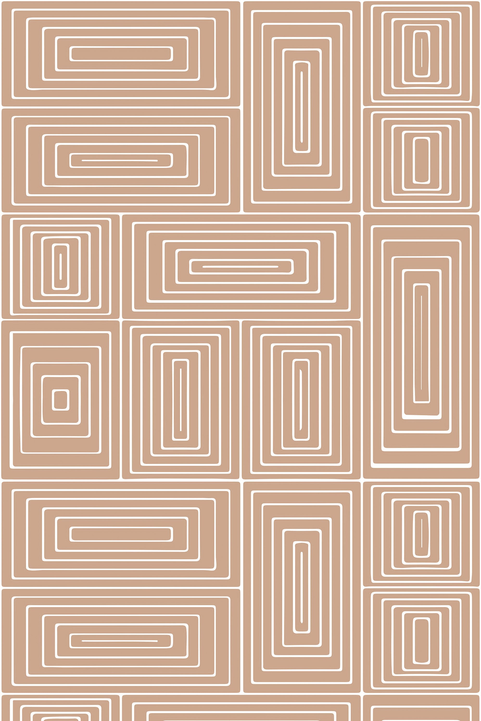 Geometric pattern with rectangular and square shapes in light brown and white tones, arranged in an intricate and interlocking maze-like design. Peel and stick removable wallpaper.
