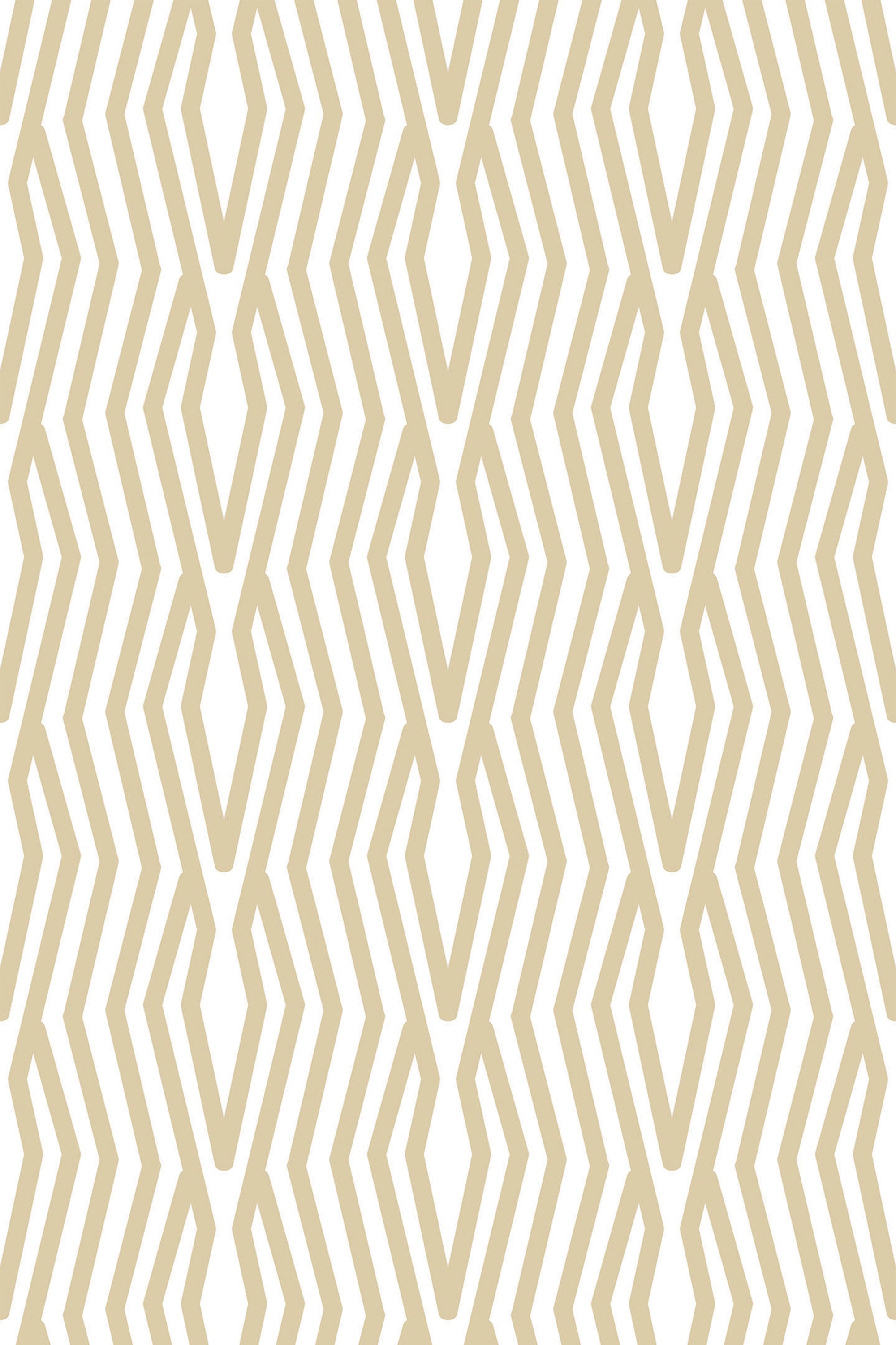 A geometric line art design with interlocking angular shapes in beige and white colors on a repeat pattern, peel and stick removable wallpaper.