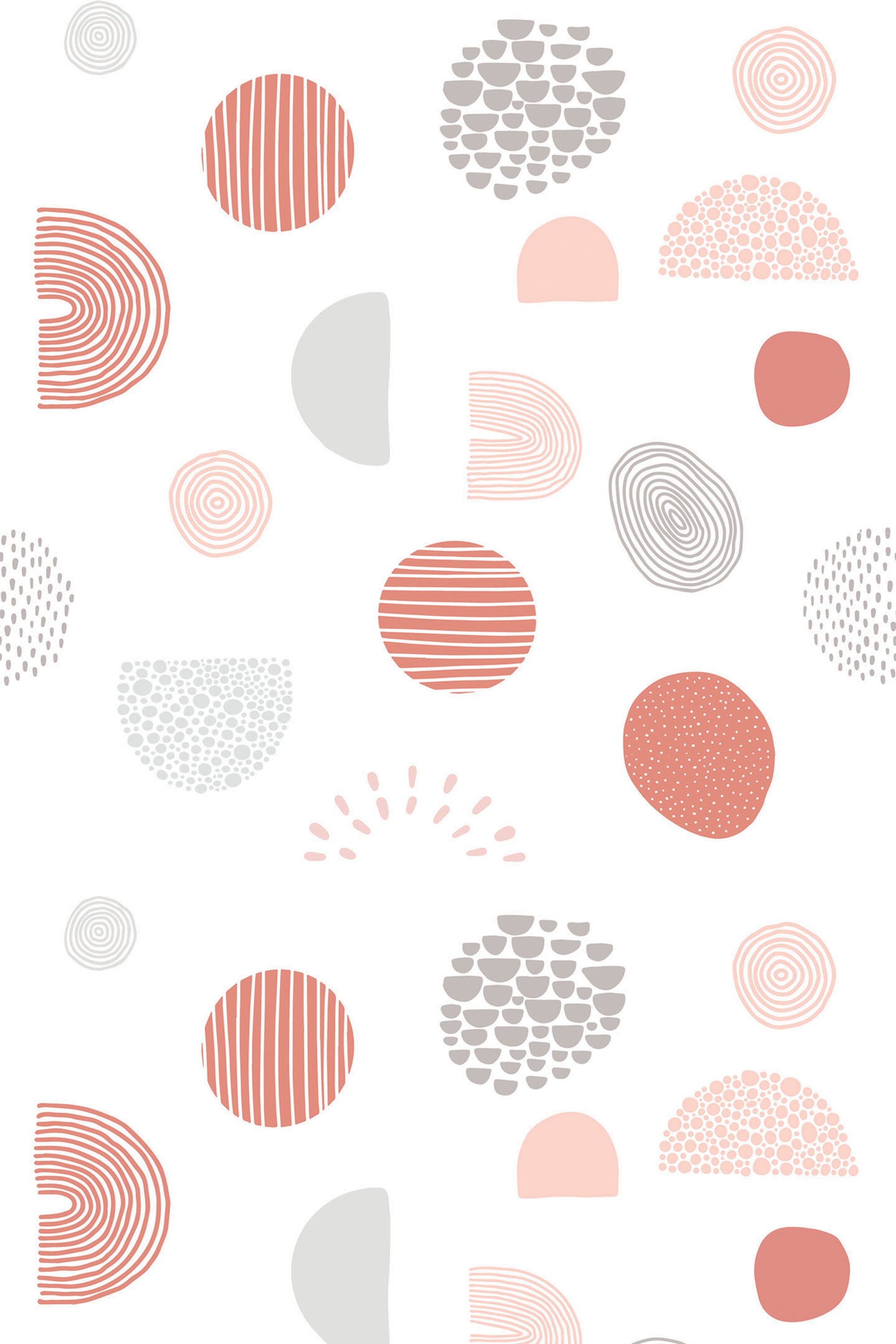 A repeating pattern with abstract geometric shapes in neutral and terracotta tones, including circles, half-moons, curved lines, dots, and semi-circles on a white background. Peel and stick removable wallpaper.