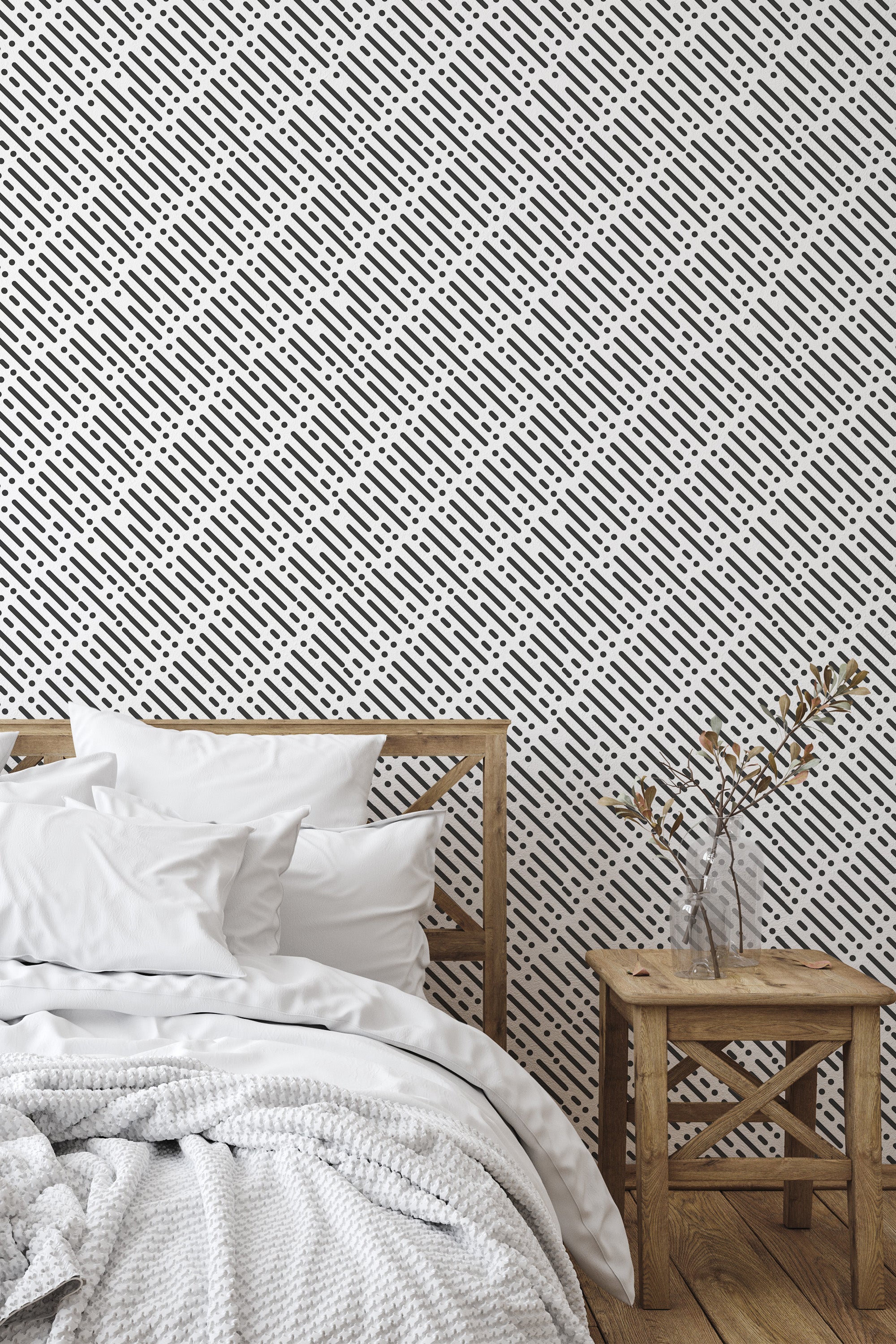 Self-adhesive Memphis pattern wallpaper with black and white geometric shapes arranged in a diagonal grid over a white background.