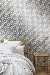 simple bedroom bed nightstand decorative vase memphis pattern wall decor