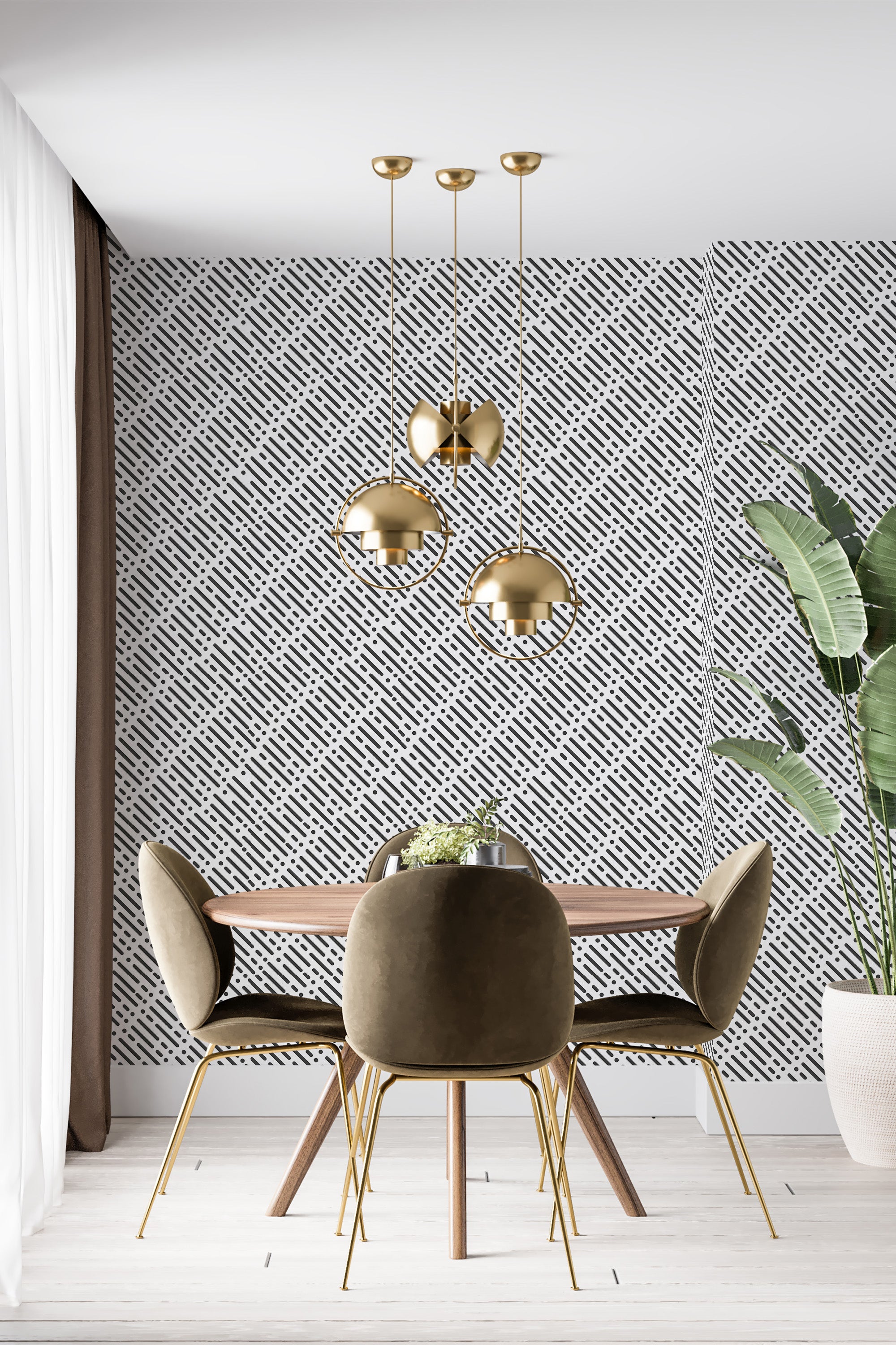 Black and white geometric shapes and lines create a bold, dynamic visual effect in the Memphis pattern wallpaper with a traditional wallpaper.