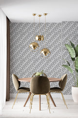 modern dining area velour chair plant memphis pattern accent wall