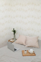 temporary wallpaper seamless golden leaf pattern cozy romantic bedroom interior