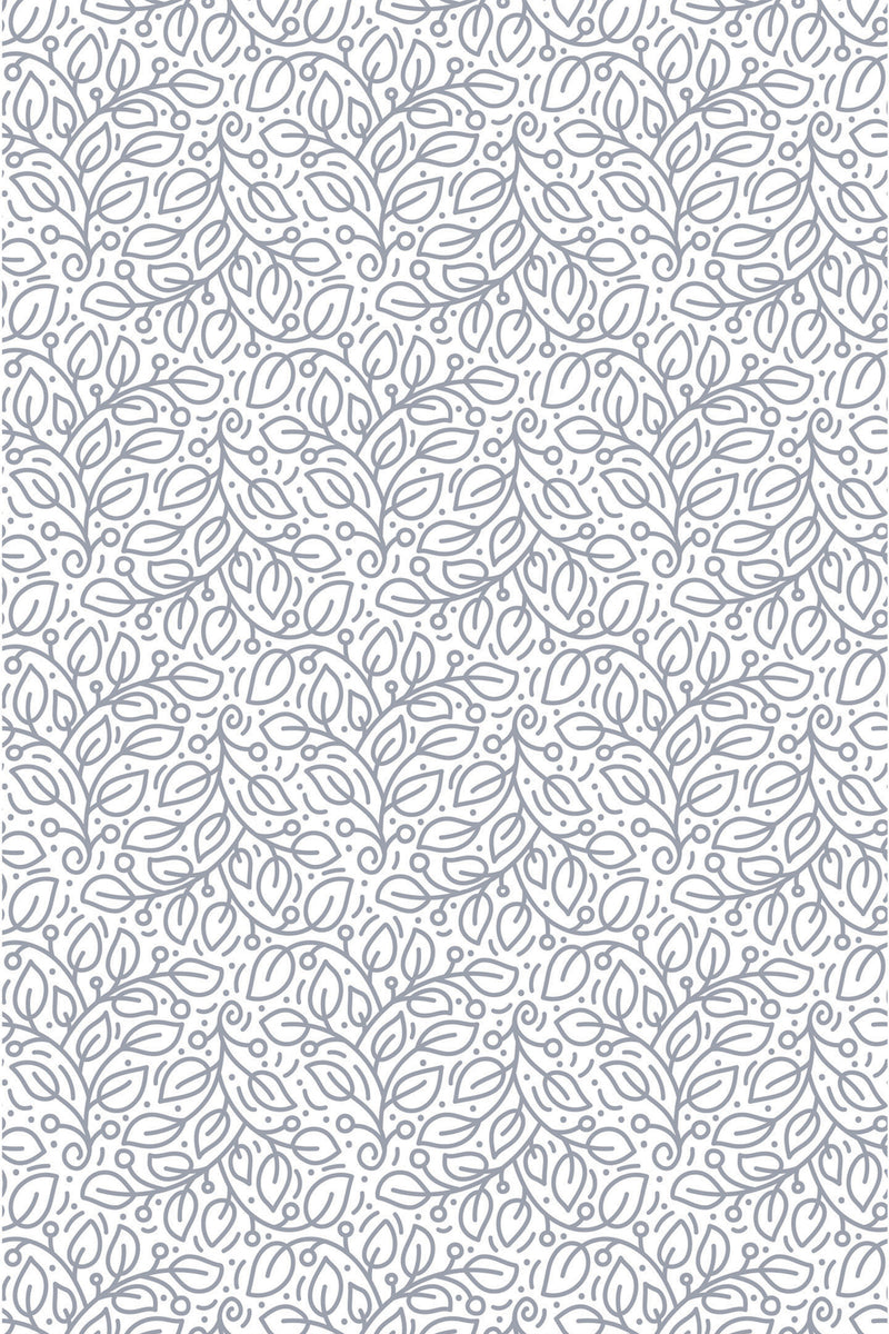 A repeating pattern of delicate line-drawn leaves with small dots on a light background. Subtle and intricate design for a modern, nature-inspired aesthetic. Peel and stick removable wallpaper.