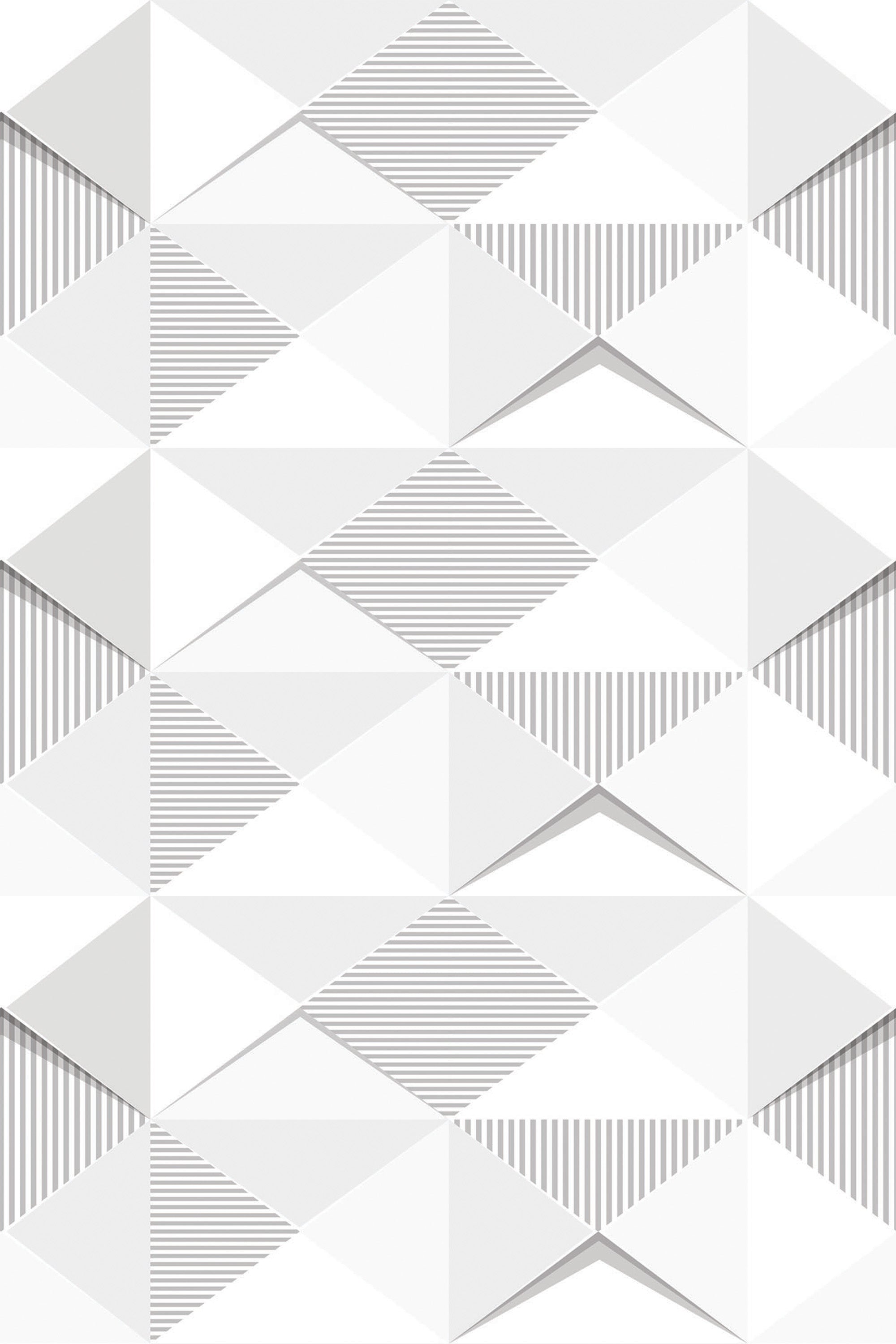 A 3D geometric wallpaper with a design of repeating white and gray triangles and diamonds, featuring subtle striped patterns on certain sections, offering a modern and textured effect, peel and stick removable wallpaper.