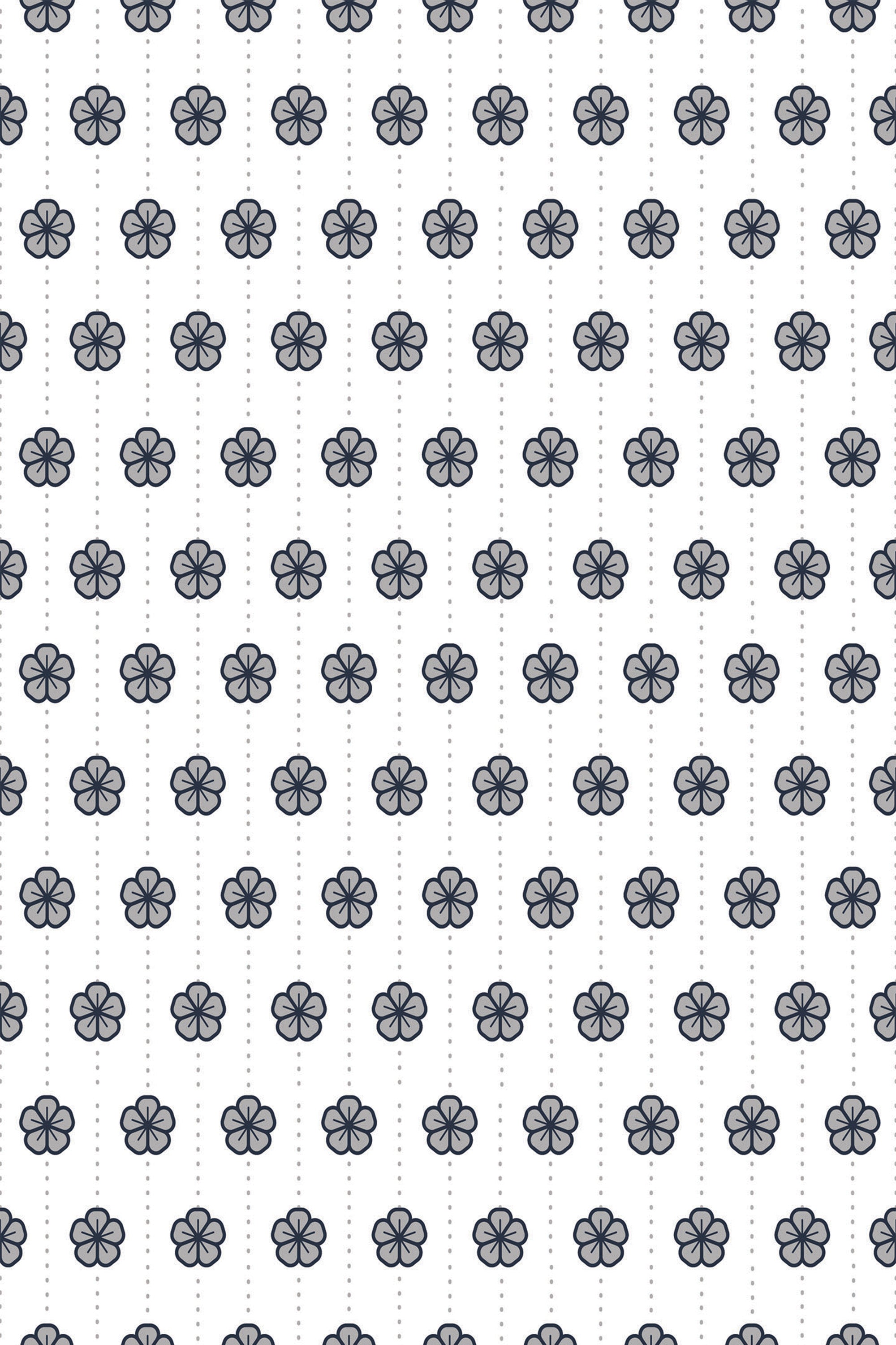 A repeating pattern of small, symmetrical Japanese flowers in dark grey with dotted lines connecting them vertically on a light grey background. Peel and stick removable wallpaper.