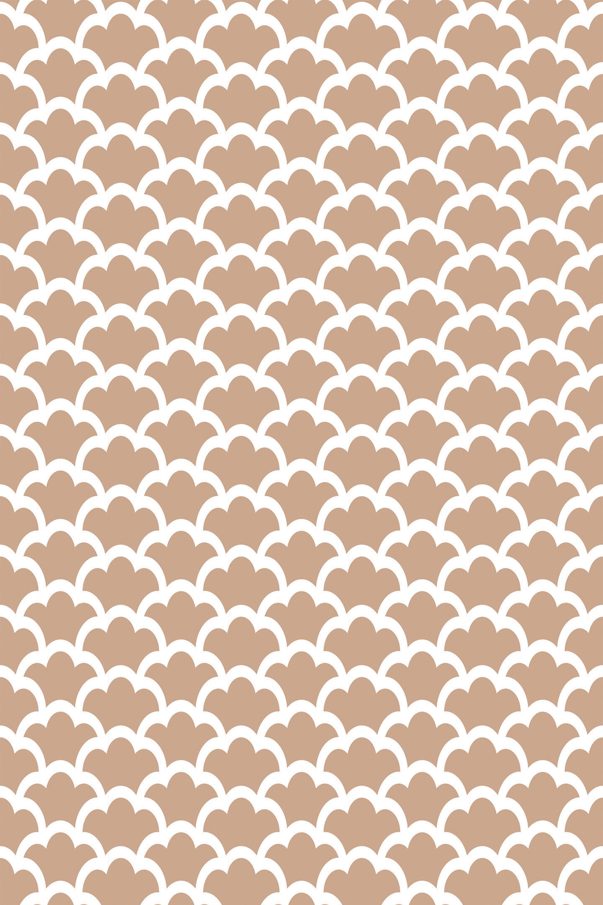 Tan and white Japanese geometric cloud pattern with repeating scalloped shapes, creating a harmonious, soothing texture. Peel and stick removable wallpaper.