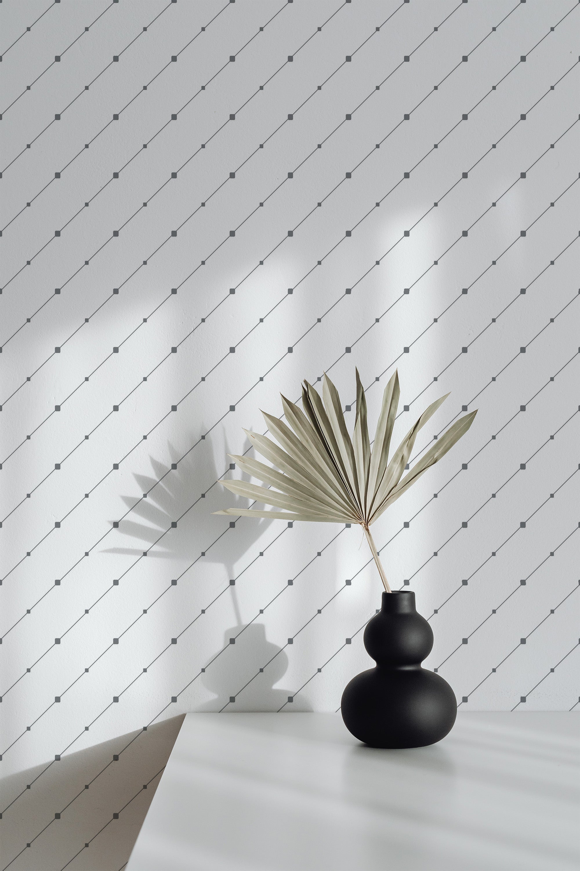 Self-adhesive wallpaper with a diagonal line design pattern in light gray tones, contrasted with small diamond shapes at the intersections.