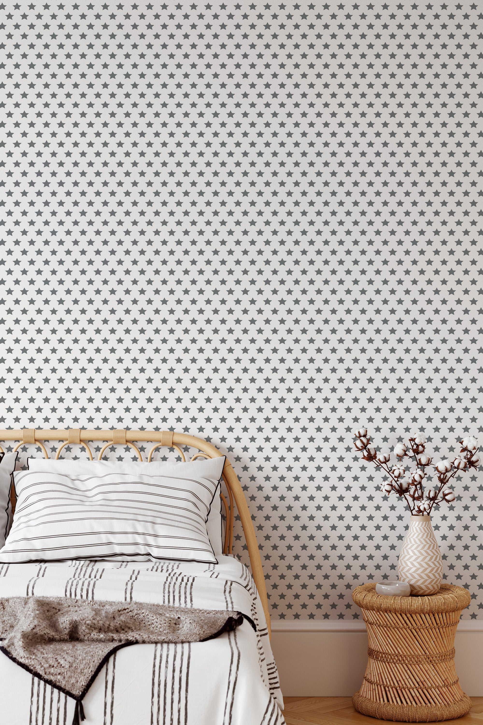 Self-adhesive wallpaper with a stars grid design in a repeating black pattern on a clean white background, creating a minimalist and modern look.
