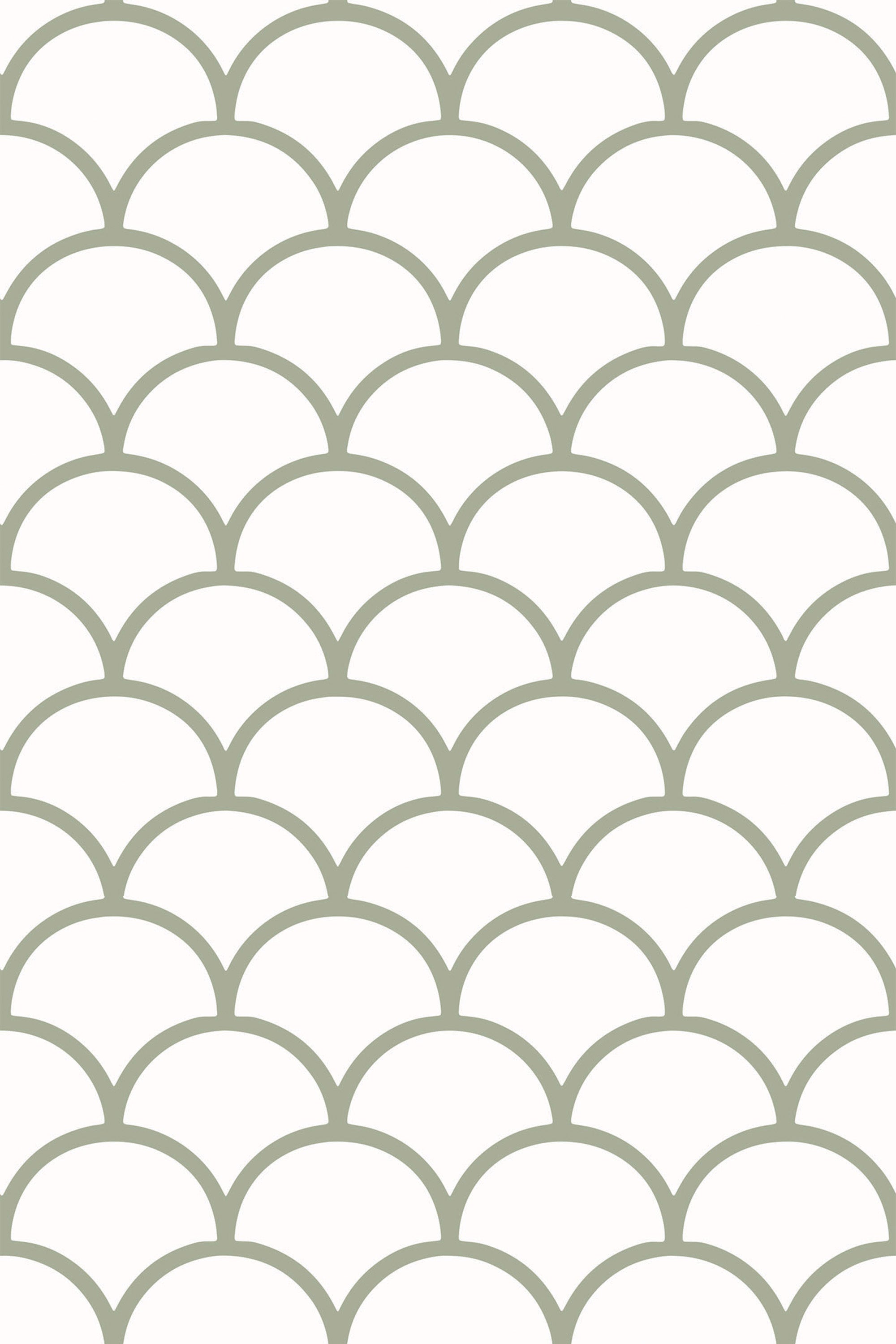 Seamless pattern of overlapping scalloped ovals in a soft grayish-green shade on a white background, creating a minimalist, geometric design. Peel and stick removable wallpaper.