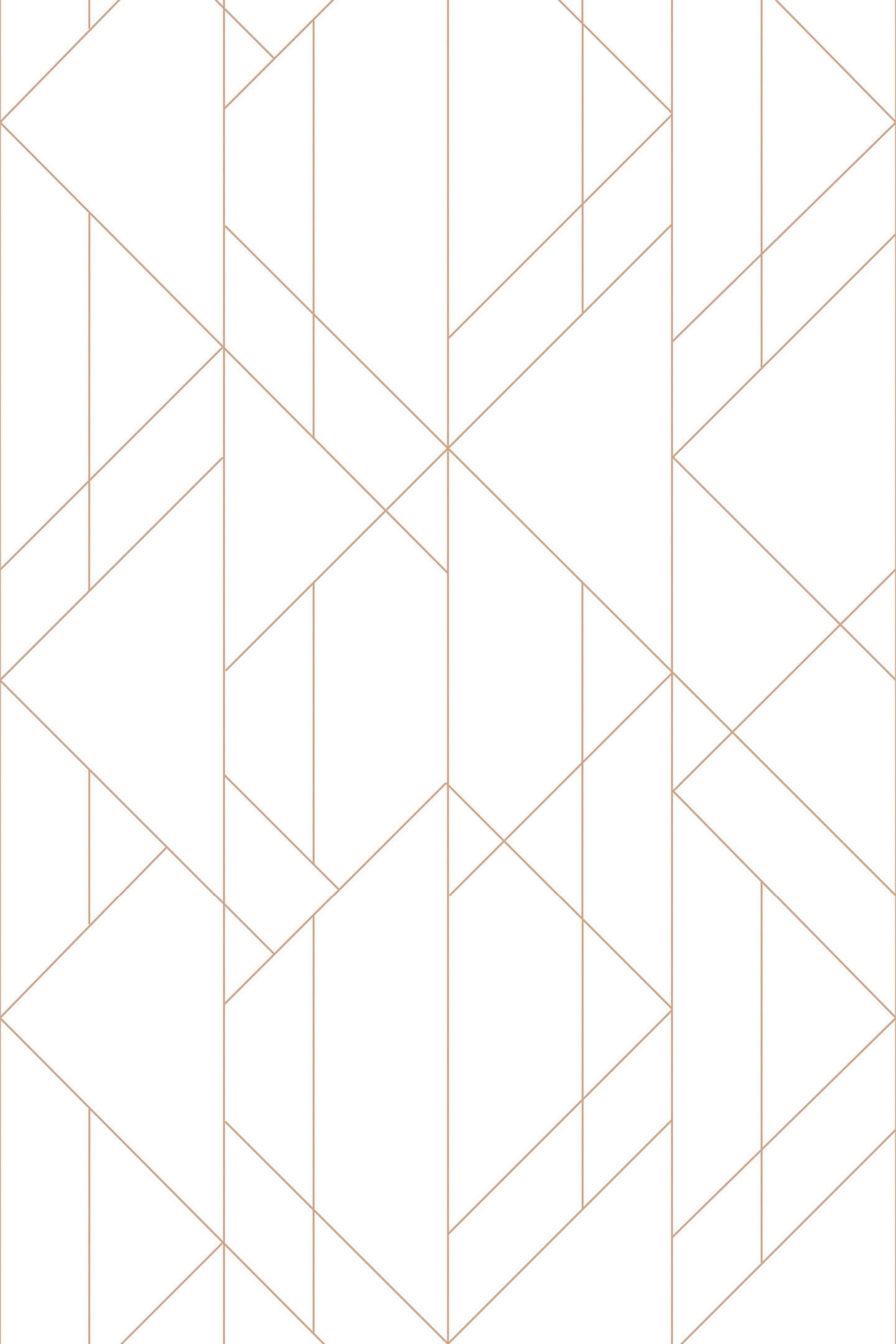 Thin, gold lines forming a modern, interlocking geometric pattern of triangles, squares, and hexagons on a white background. Peel and stick removable wallpaper.
