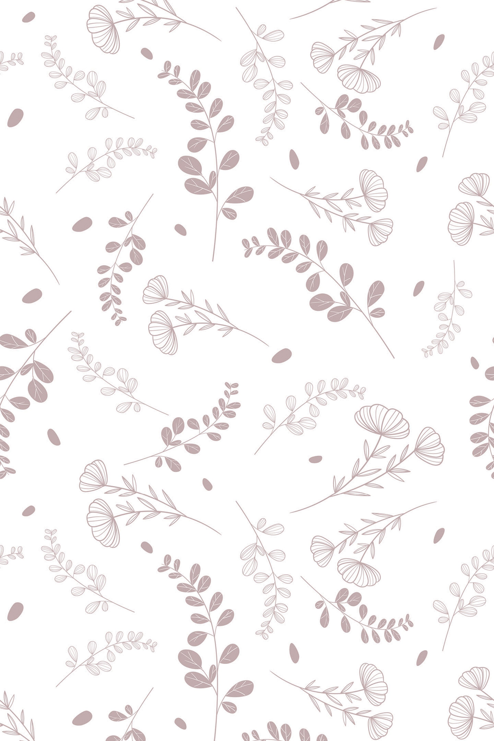 A soft, delicate pattern featuring hand-drawn florals and botanical elements in muted earth tones, scattered across a white background. Peel and stick removable wallpaper.