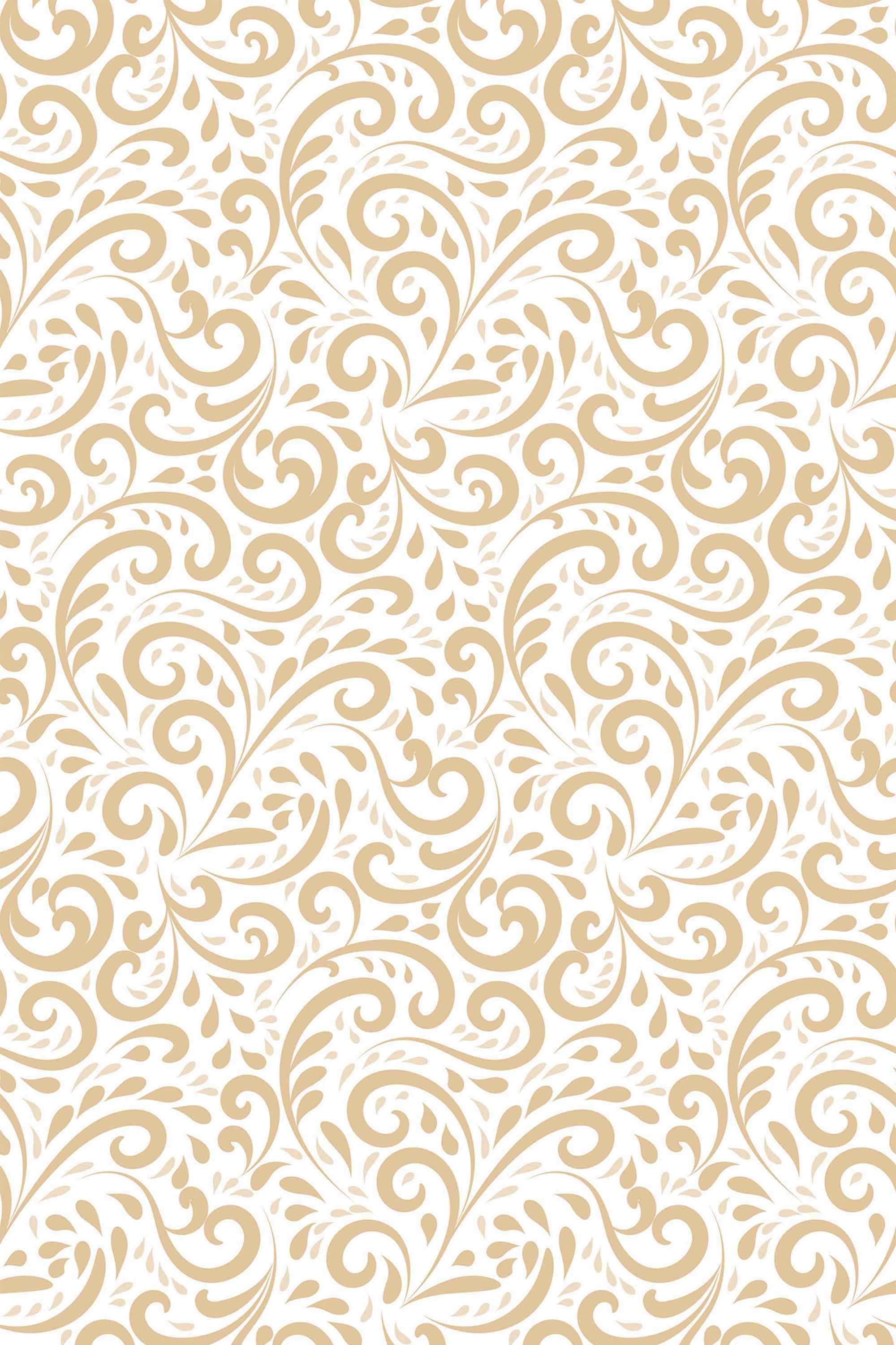A repeat pattern with intricate beige swirls and floral elements on a white background, creating an elegant vintage ornament style. Peel and stick removable wallpaper.