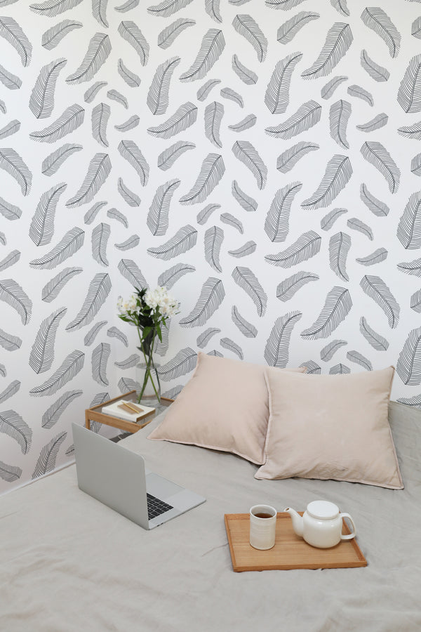 temporary wallpaper feather design pattern cozy romantic bedroom interior