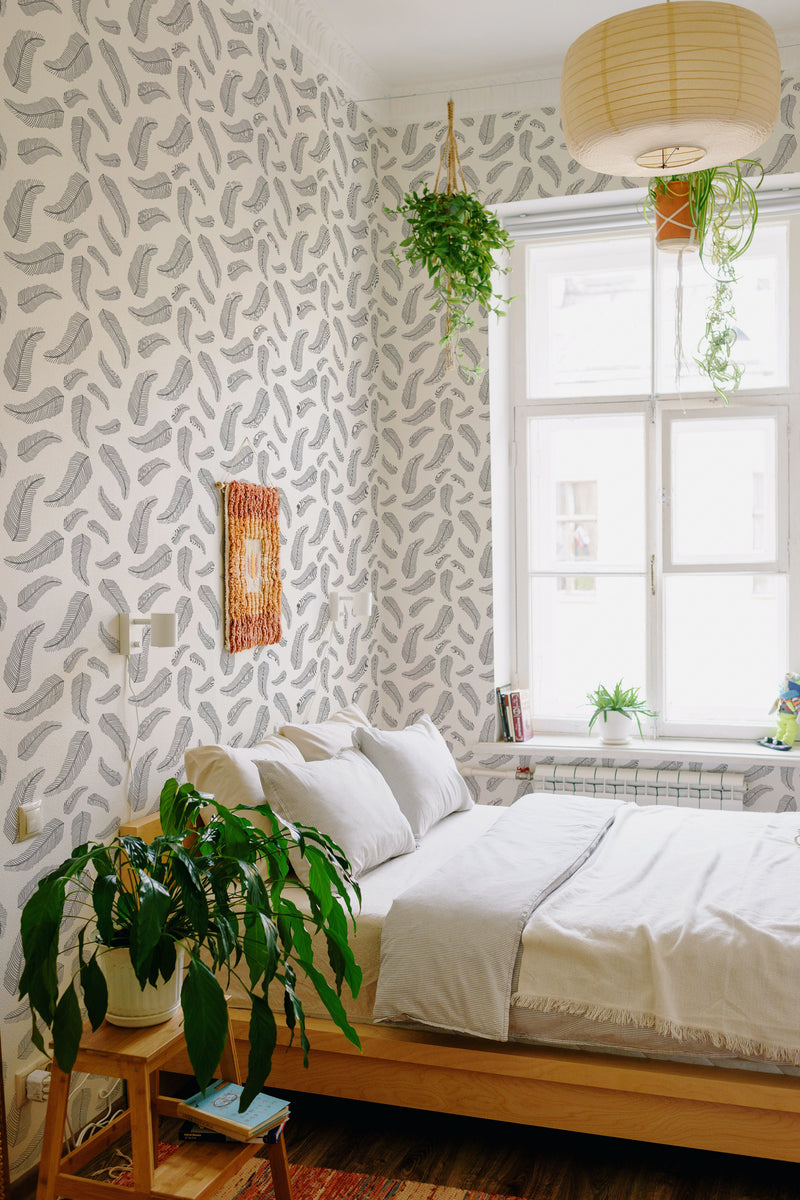 stick and peel wallpaper feather design pattern bedroom boho wall decor green plants