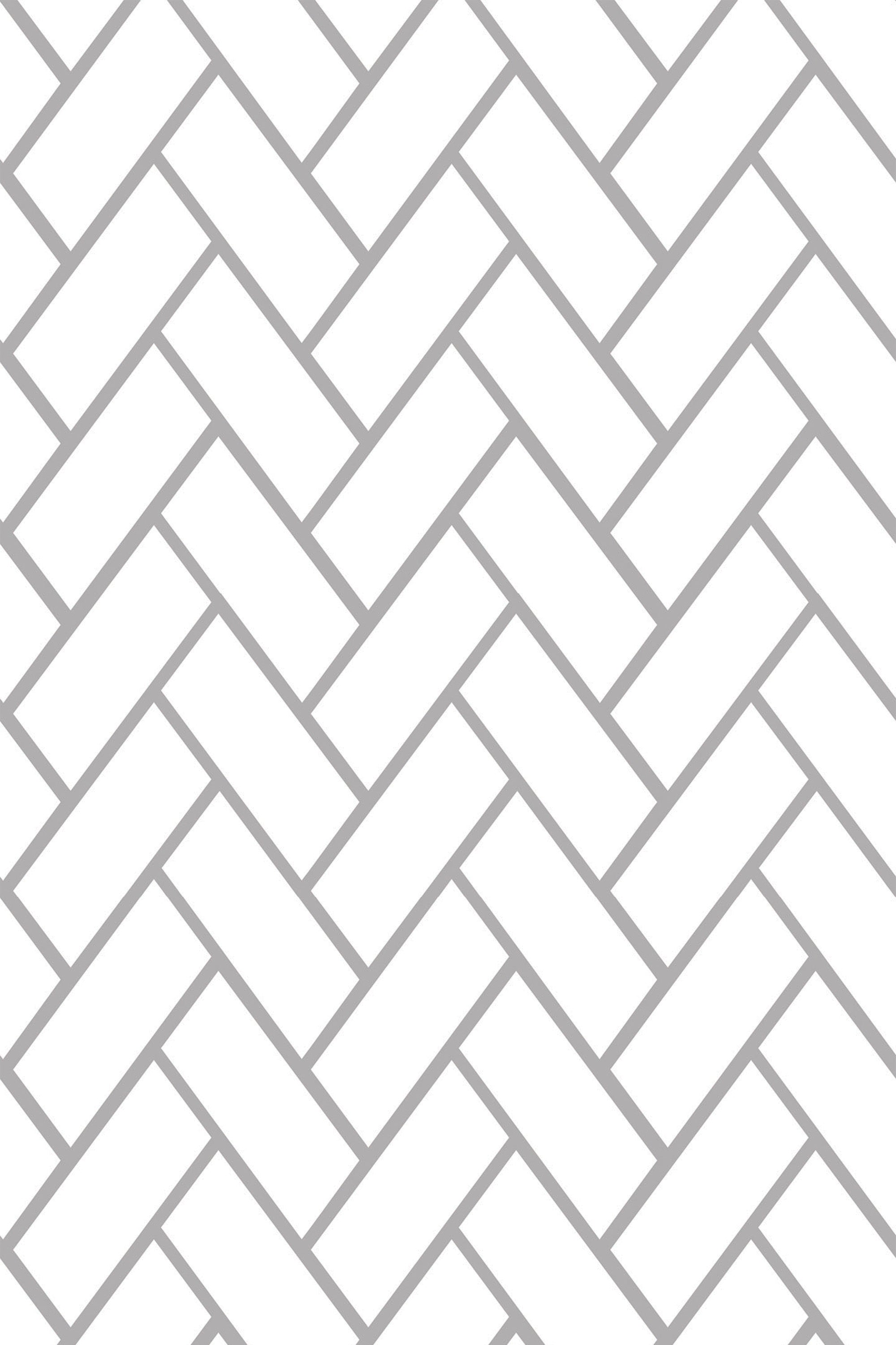 Herringbone tile pattern with thin, light gray lines forming a dynamic zigzag pattern against a white background, peel and stick removable wallpaper.