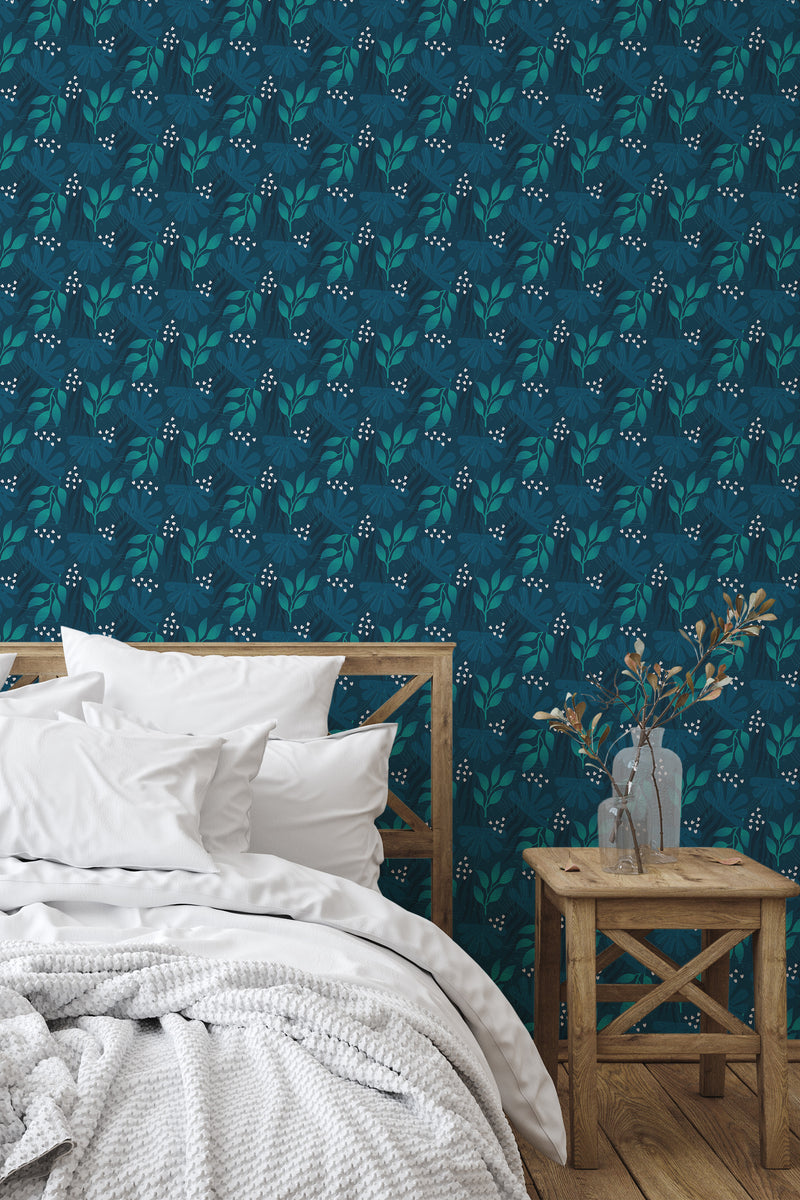 simple bedroom bed nightstand decorative vase dark blue leaf wall decor